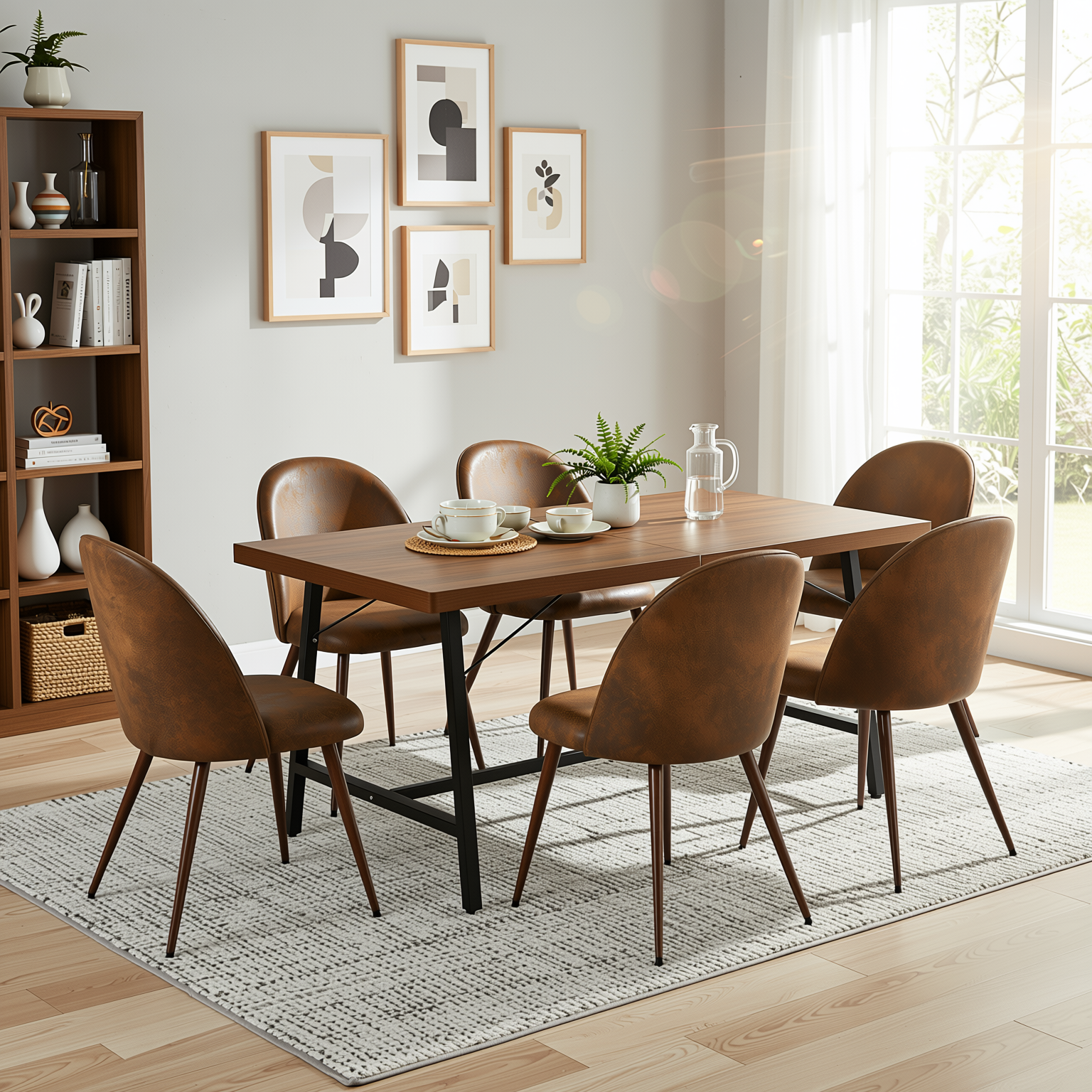 Homy Casa FORS + HAVEN 7PC Dining Set 63” Brown MDF Table with 6 Suede Brown Upholstered Chairs Walnut Finish