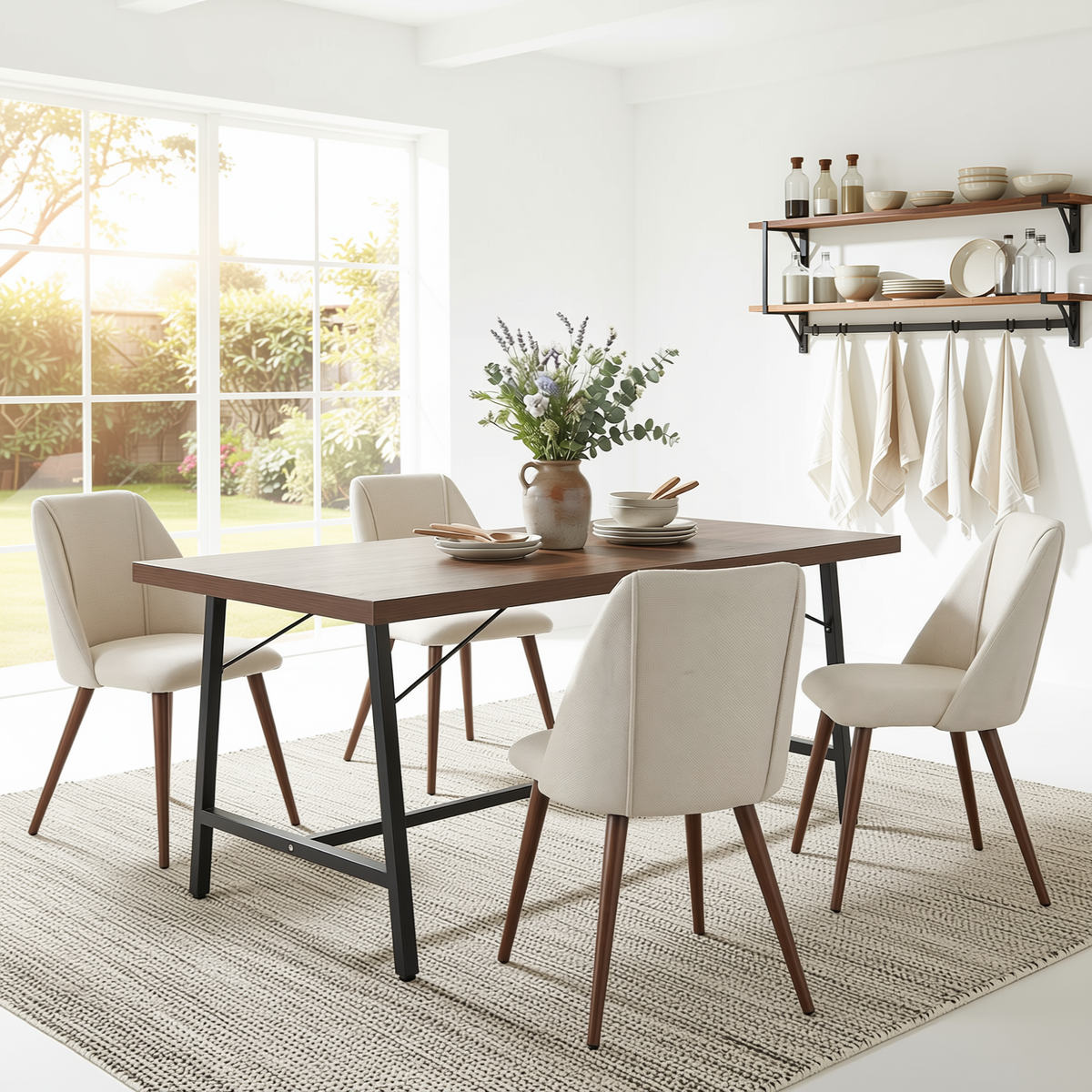 Homy Casa FORS+KALI 5PC Dining Set 63” Dining Table with 4PC Kali Beige Fabric Chairs Walnut Metal Legs