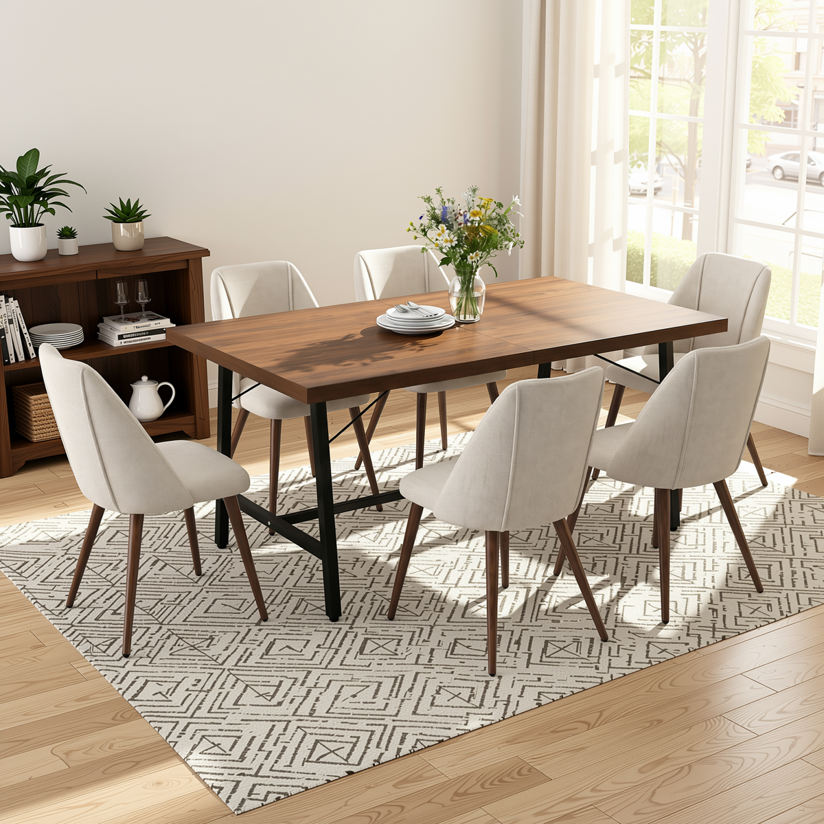 Homy Casa FORS+KALI 7PC Dining Set 63" Table with 6 KALI Beige Fabric Chairs Walnut Metal Legs