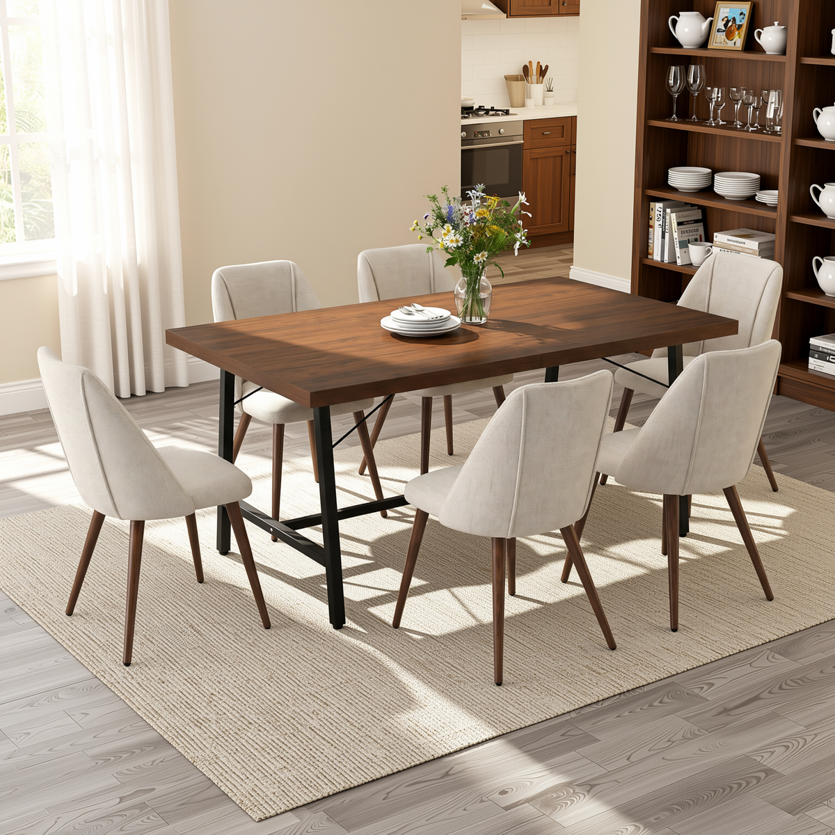 Homy Casa FORS+KALI 7PC Dining Set 63" Table with 6 KALI Beige Fabric Chairs Walnut Metal Legs