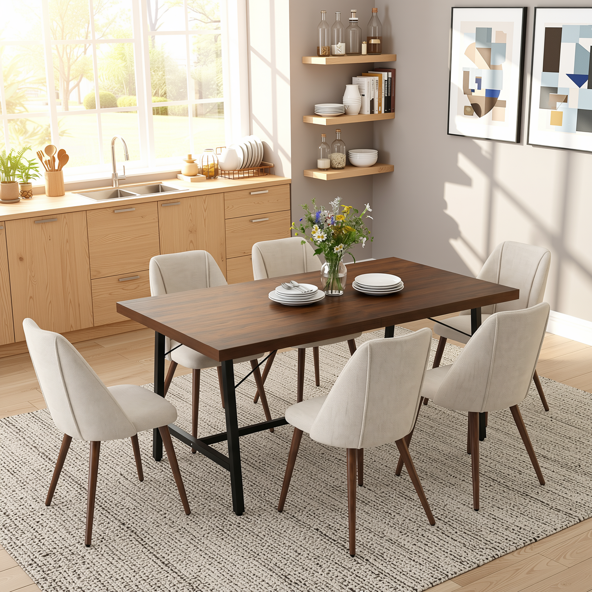 Modern industrial dining table set with 6 beige upholstered chairs in a bright kitchen-dining room