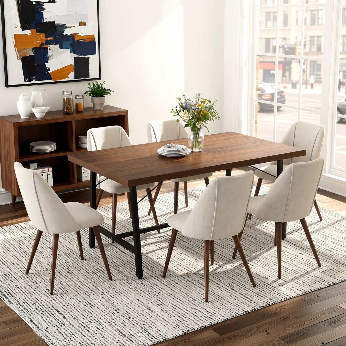 Homy Casa FORS+KALI 7PC Dining Set 63" Table with 6 KALI Beige Fabric Chairs Walnut Metal Legs