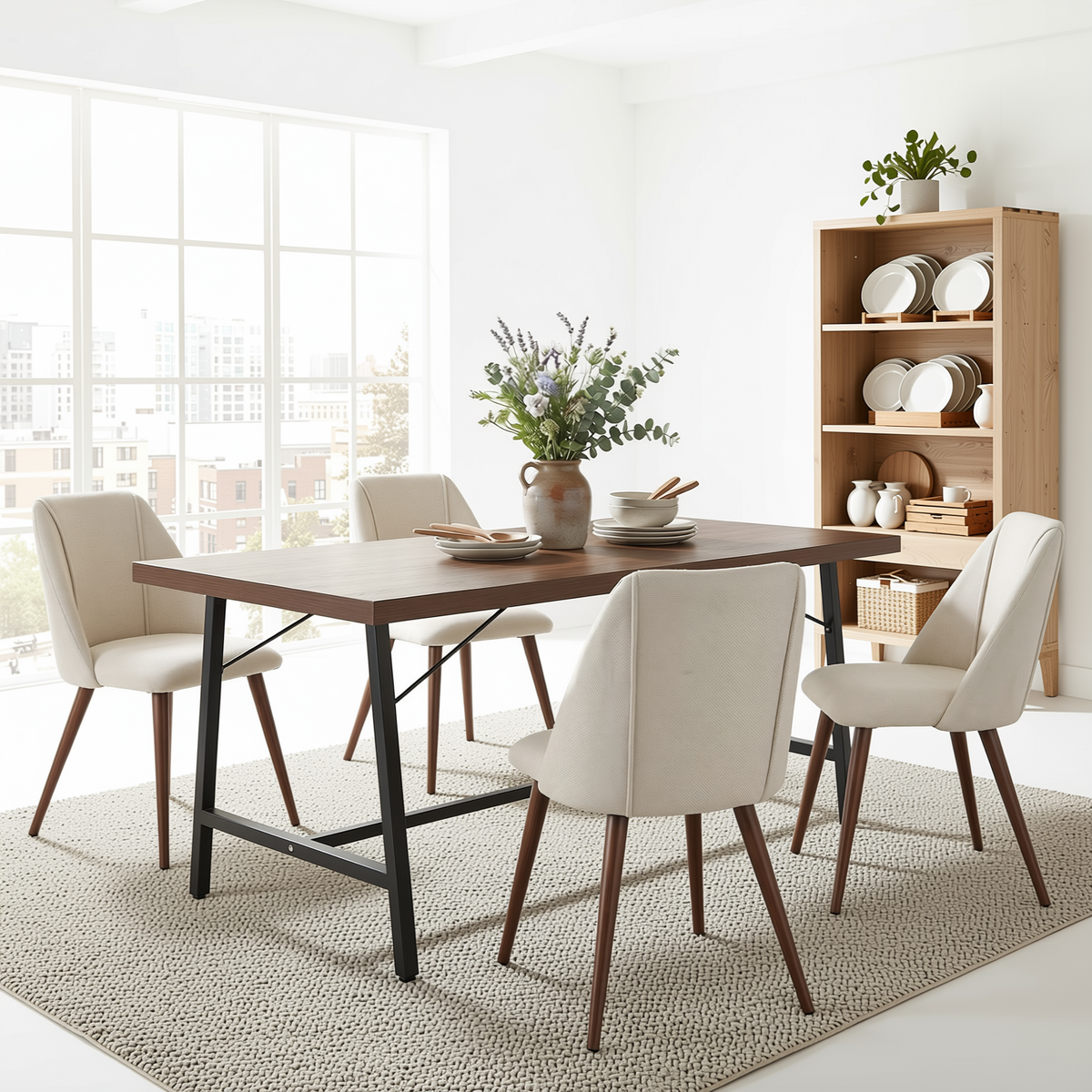 Homy Casa FORS+KALI 5PC Dining Set 63” Dining Table with 4PC Kali Beige Fabric Chairs Walnut Metal Legs