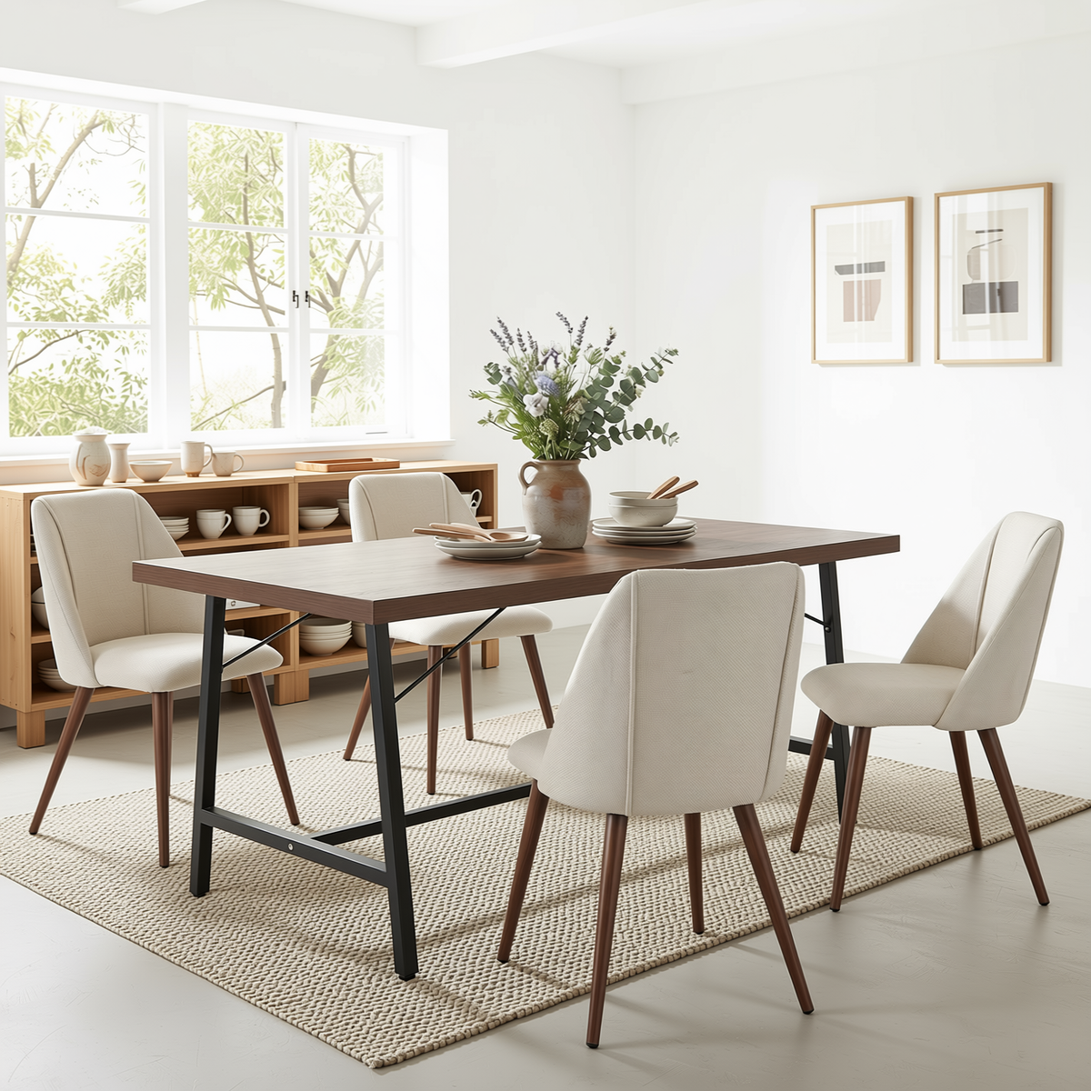 Homy Casa FORS+KALI 5PC Dining Set 63” Dining Table with 4PC Kali Beige Fabric Chairs Walnut Metal Legs