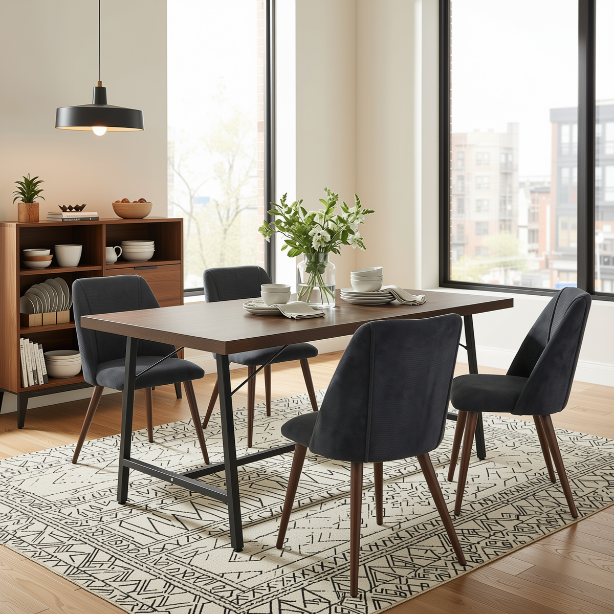 Homy Casa FORS+KALI 5PC Dining Set 63” Charcoal Fabric Chairs & Walnut Leg Table for Kitchen or Dining Room