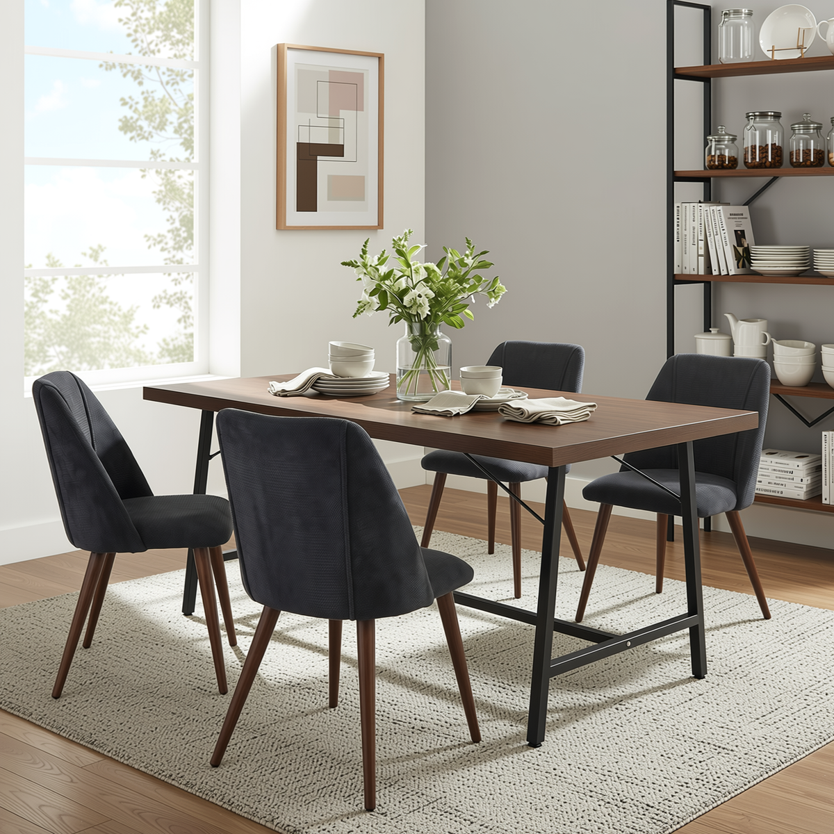 Homy Casa FORS+KALI 5PC Dining Set 63” Charcoal Fabric Chairs & Walnut Leg Table for Kitchen or Dining Room