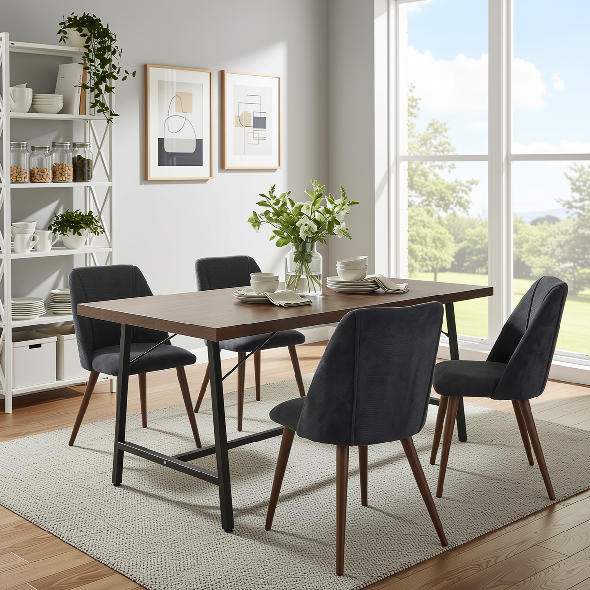 Homy Casa FORS+KALI 5PC Dining Set 63” Charcoal Fabric Chairs & Walnut Leg Table for Kitchen or Dining Room