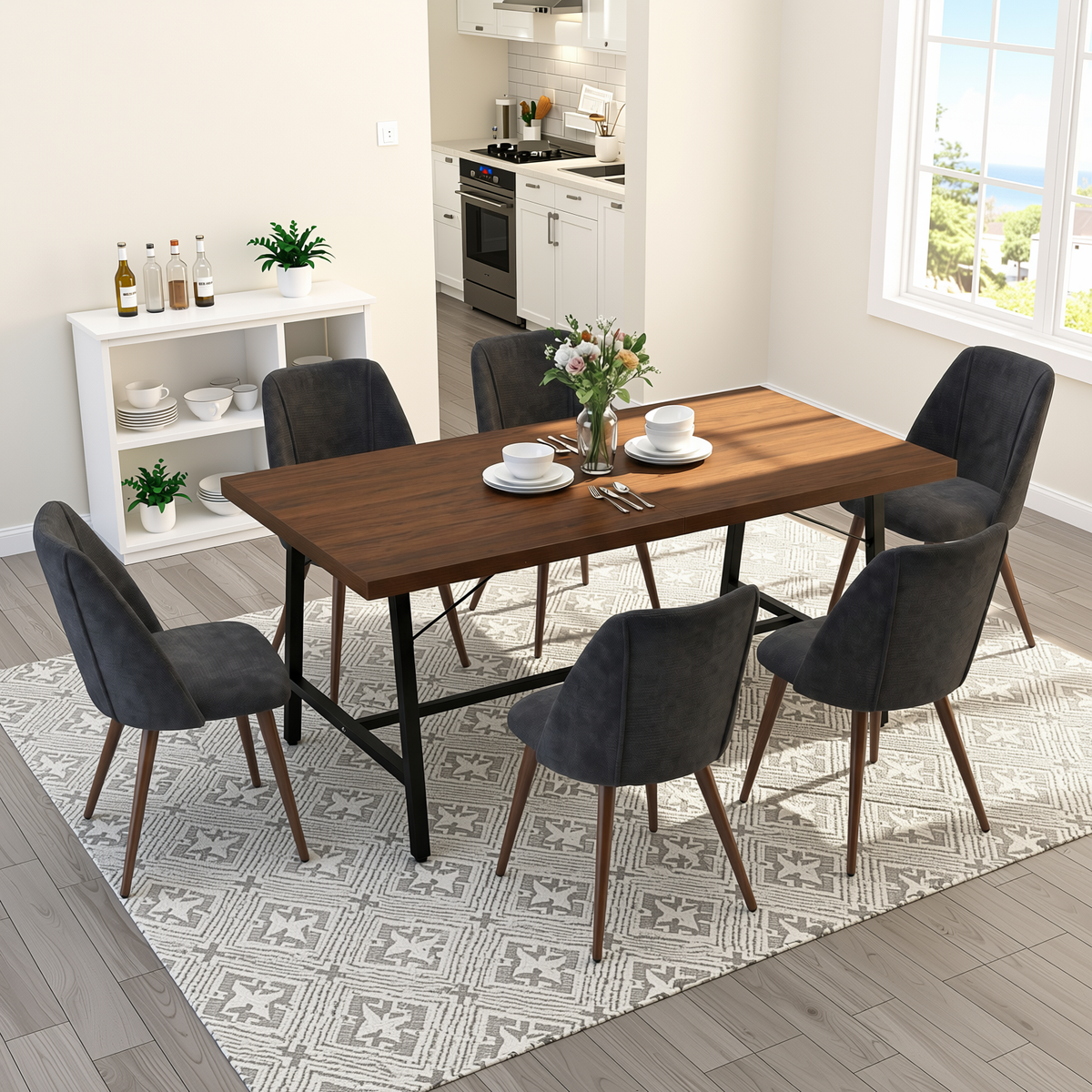 Homy Casa FORS+KALI 7PC Dining Set 63" Table with 6 Charcoal Fabric Chairs Walnut Metal Legs