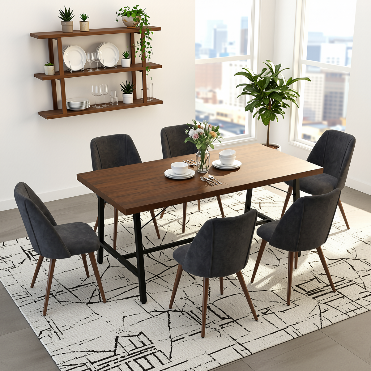 Homy Casa FORS+KALI 7PC Dining Set 63" Table with 6 Charcoal Fabric Chairs Walnut Metal Legs