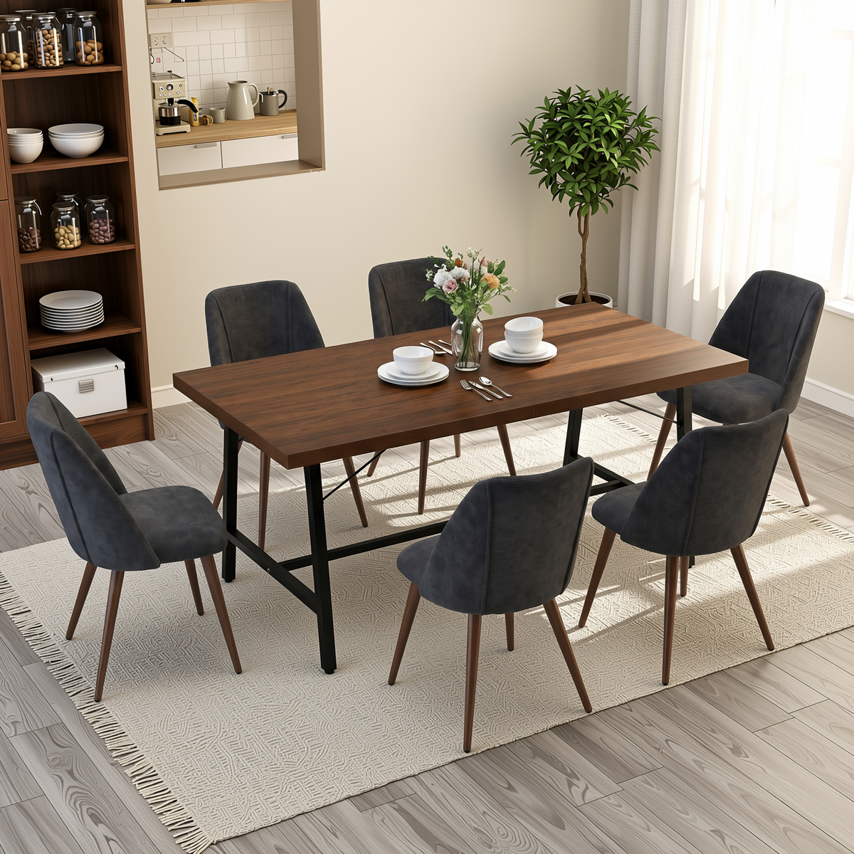 Homy Casa FORS+KALI 7PC Dining Set 63" Table with 6 Charcoal Fabric Chairs Walnut Metal Legs