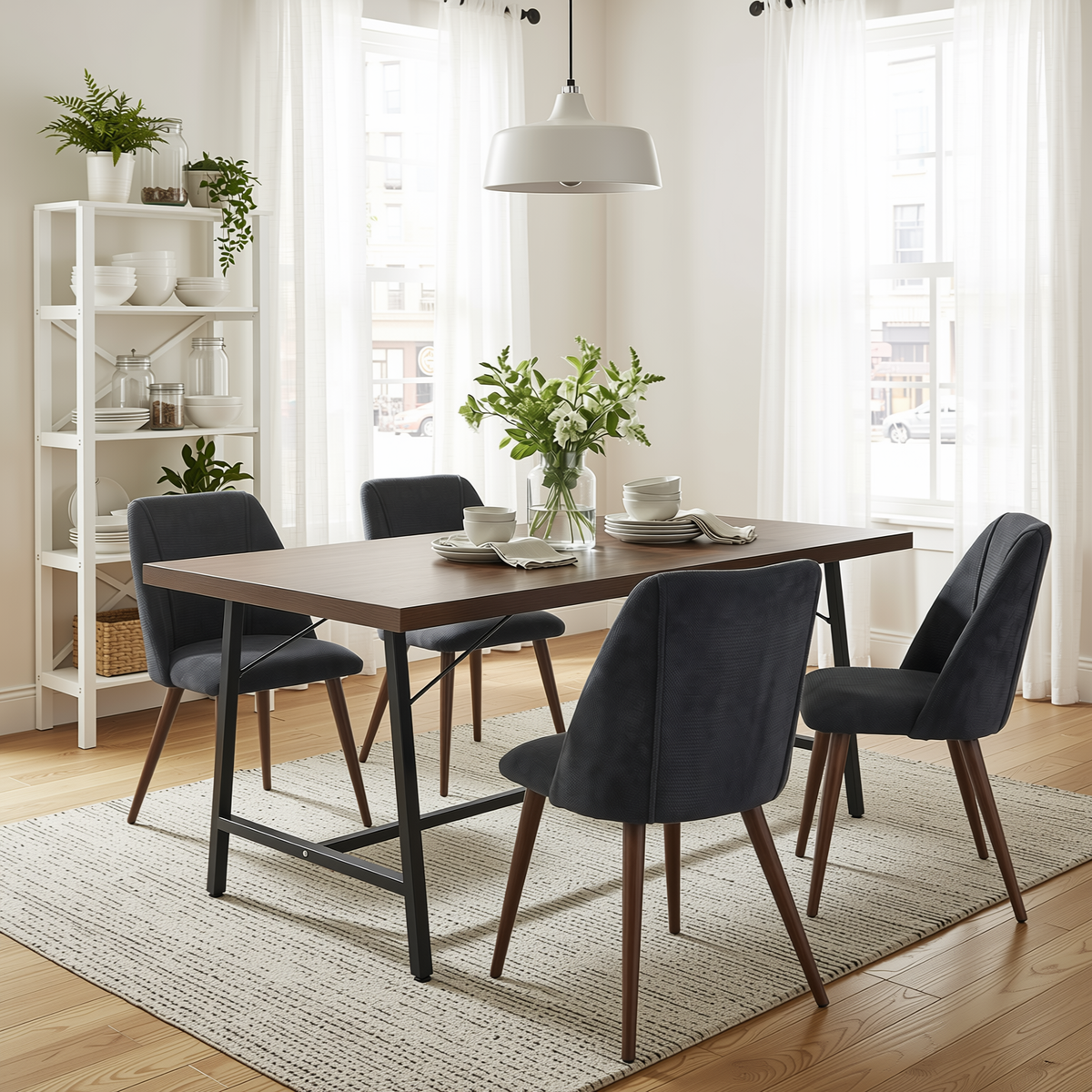 Homy Casa FORS+KALI 5PC Dining Set 63” Charcoal Fabric Chairs & Walnut Leg Table for Kitchen or Dining Room