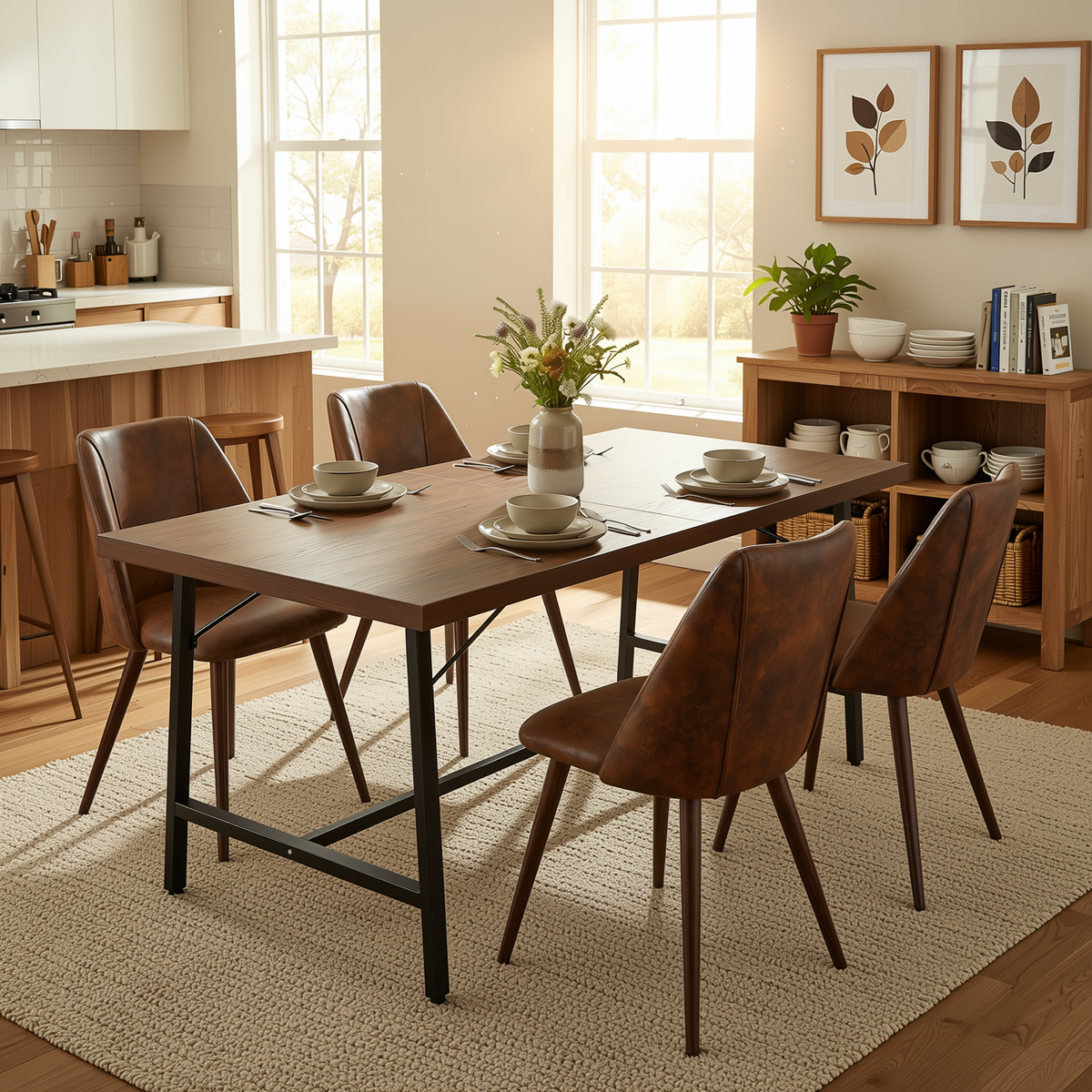 Homy Casa FORS+KALI 5PC Dining Set 63” Dining Table with 4 KALI Suede Brown Walnut Leg Chairs