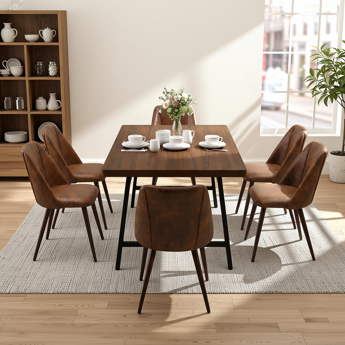 Homy Casa FORS+KALI 7PC Dining Set 63" Table with 6 Suede Brown Chairs & Walnut Metal Legs