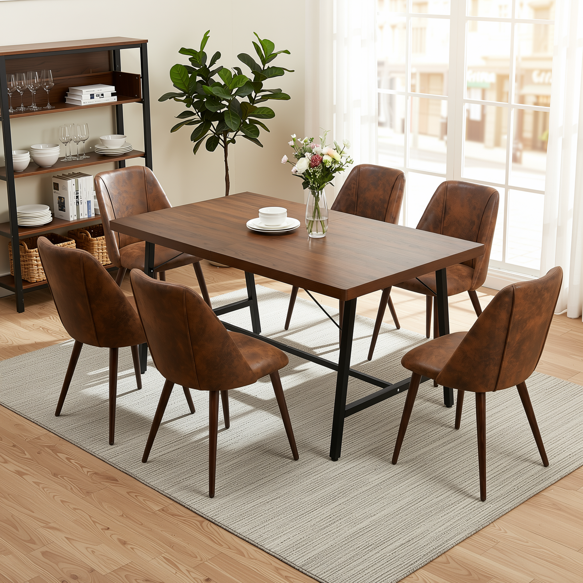 Homy Casa FORS+KALI 7PC Dining Set 63" Table with 6 Suede Brown Chairs & Walnut Metal Legs