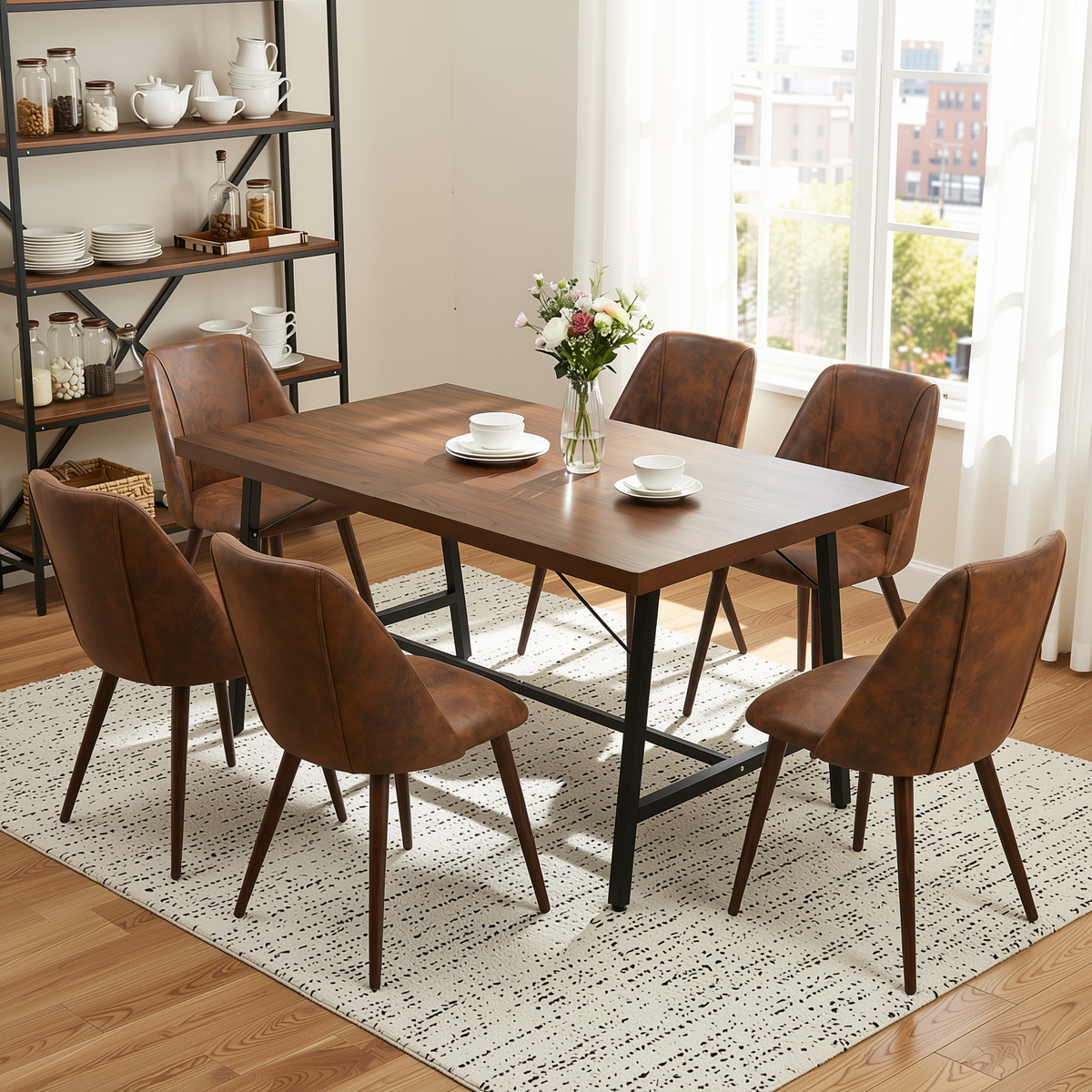 Homy Casa FORS+KALI 7PC Dining Set 63" Table with 6 Suede Brown Chairs & Walnut Metal Legs