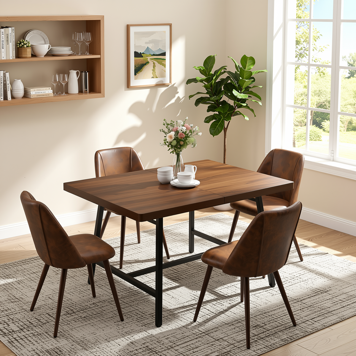 Homy Casa FORS+KALI 5PC Dining Set 63” Dining Table with 4 KALI Suede Brown Walnut Leg Chairs