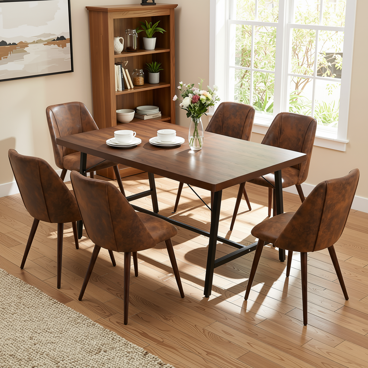 Homy Casa FORS+KALI 7PC Dining Set 63" Table with 6 Suede Brown Chairs & Walnut Metal Legs