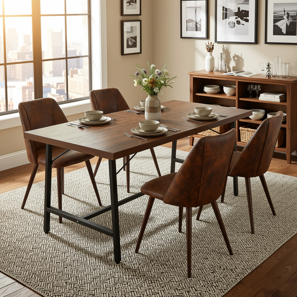 Homy Casa FORS+KALI 5PC Dining Set 63” Dining Table with 4 KALI Suede Brown Walnut Leg Chairs