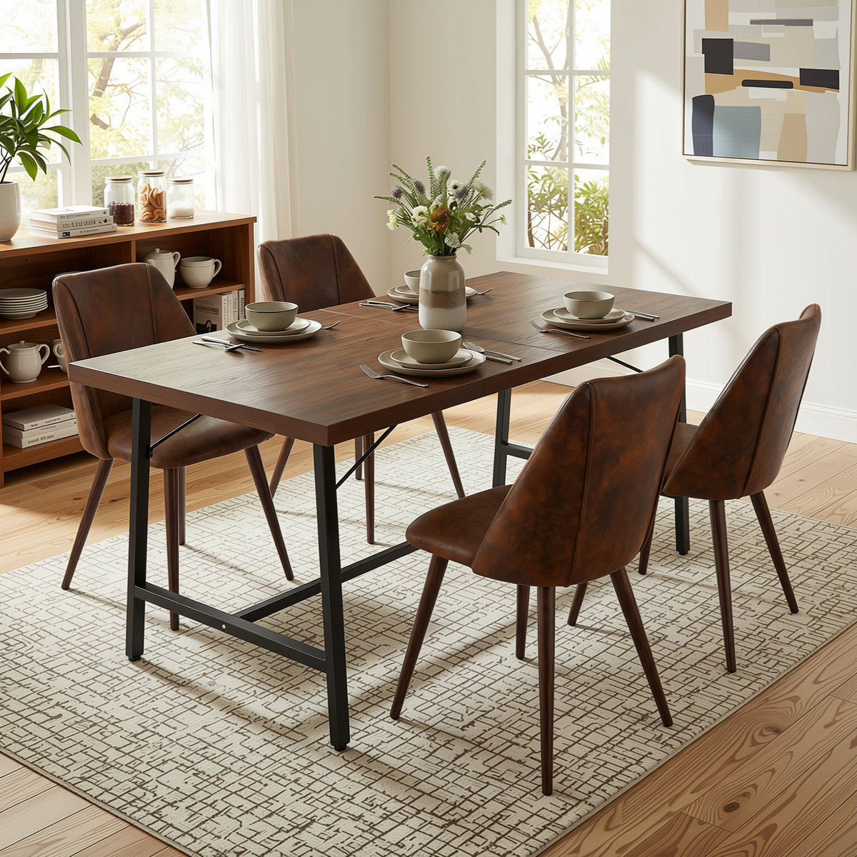 Homy Casa FORS+KALI 5PC Dining Set 63” Dining Table with 4 KALI Suede Brown Walnut Leg Chairs
