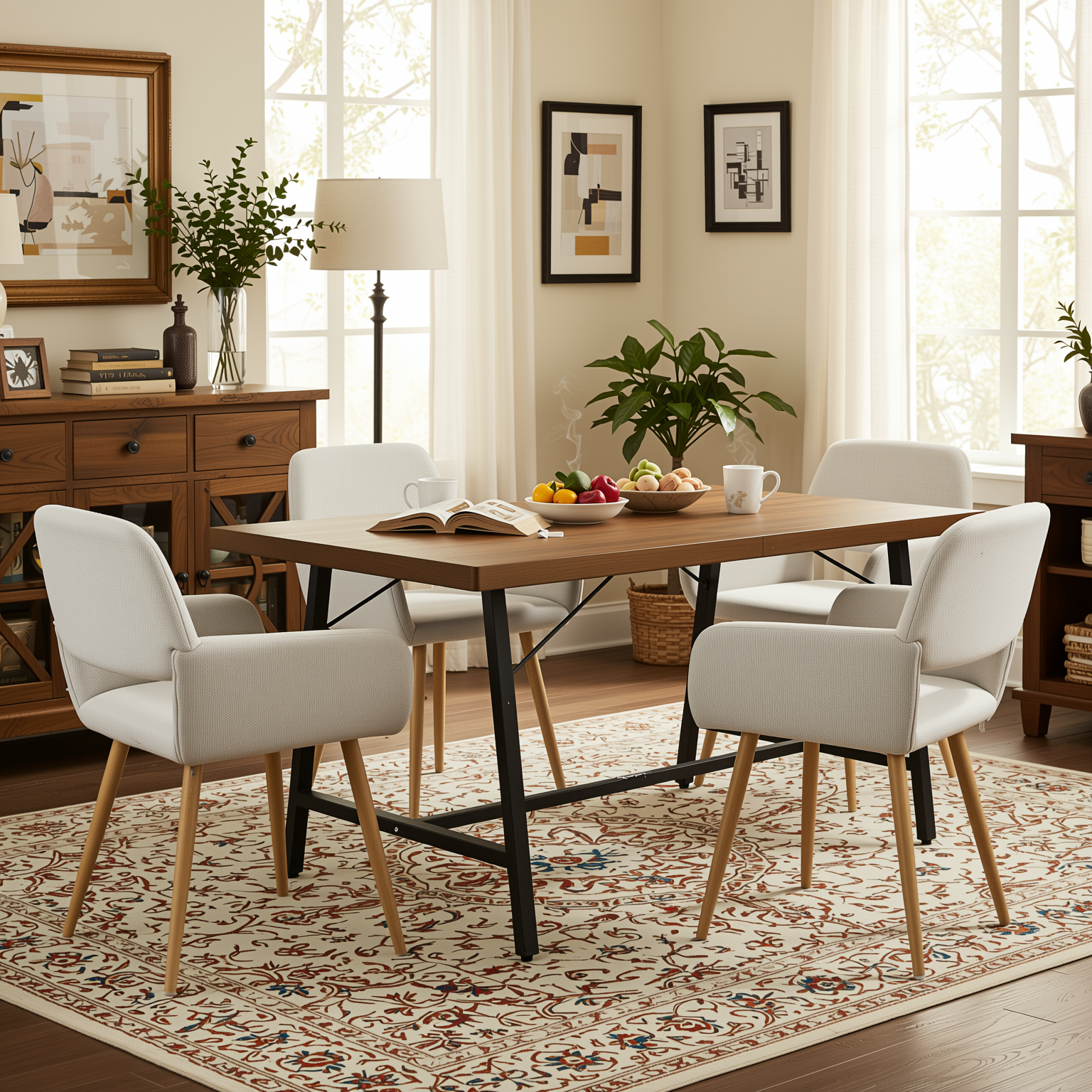Homy Casa FORS + Mayfair 5PC Dining Set 63” Table with 4 Beige Upholstered Chairs