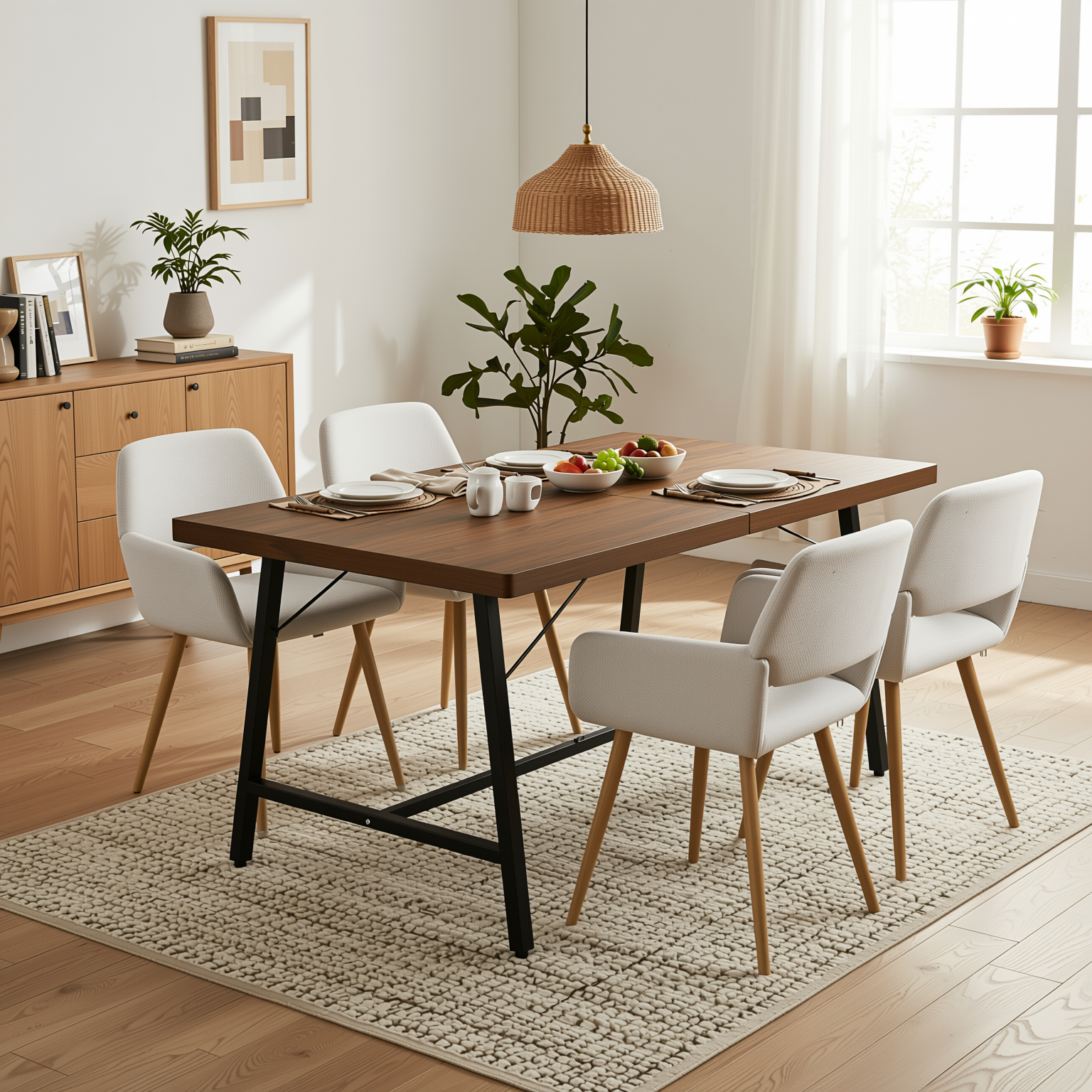 Homy Casa FORS + Mayfair 5PC Dining Set 63” Table with 4 Beige Upholstered Chairs