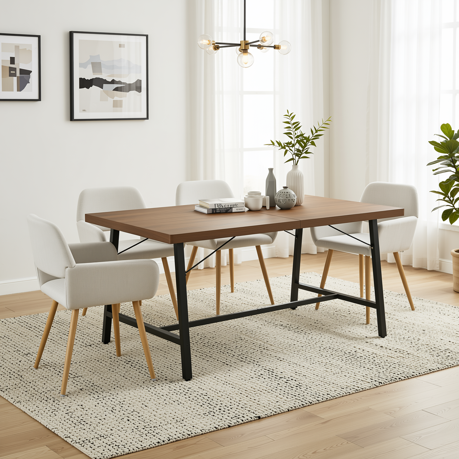 Homy Casa FORS + Mayfair 5PC Dining Set 63” Table with 4 Beige Upholstered Chairs