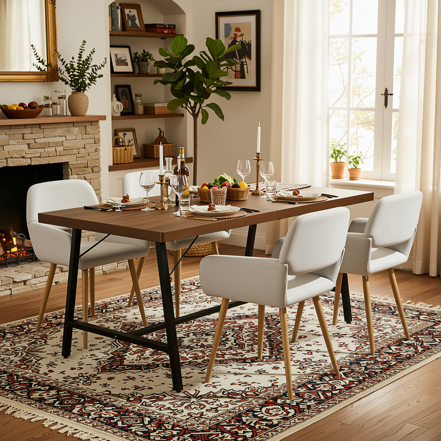 Homy Casa FORS + Mayfair 5PC Dining Set 63” Table with 4 Beige Upholstered Chairs
