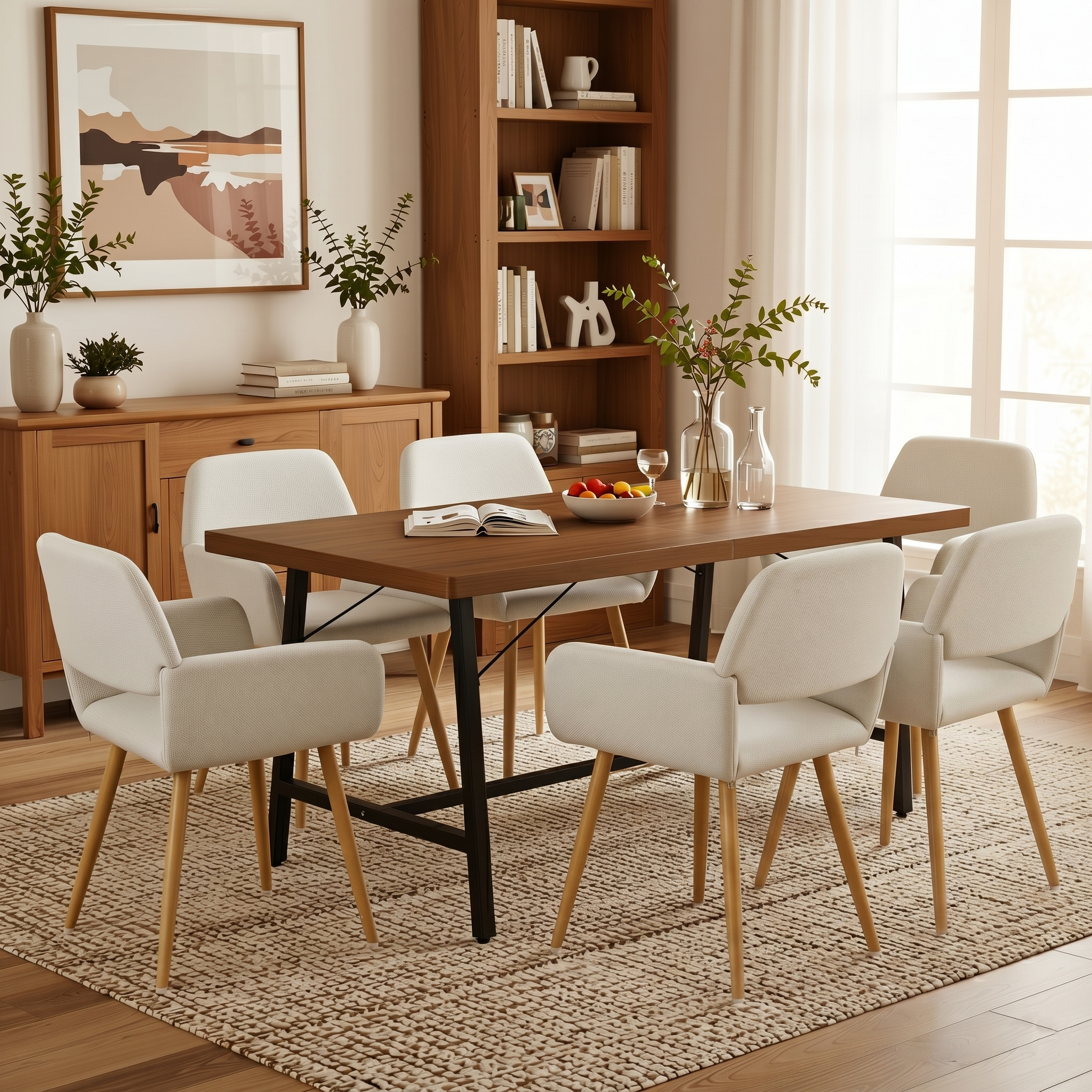Homy Casa FORS + Mayfair 7PC Dining Set 63" Table with 6 Beige Upholstered Chairs for Kitchen & Dining Room
