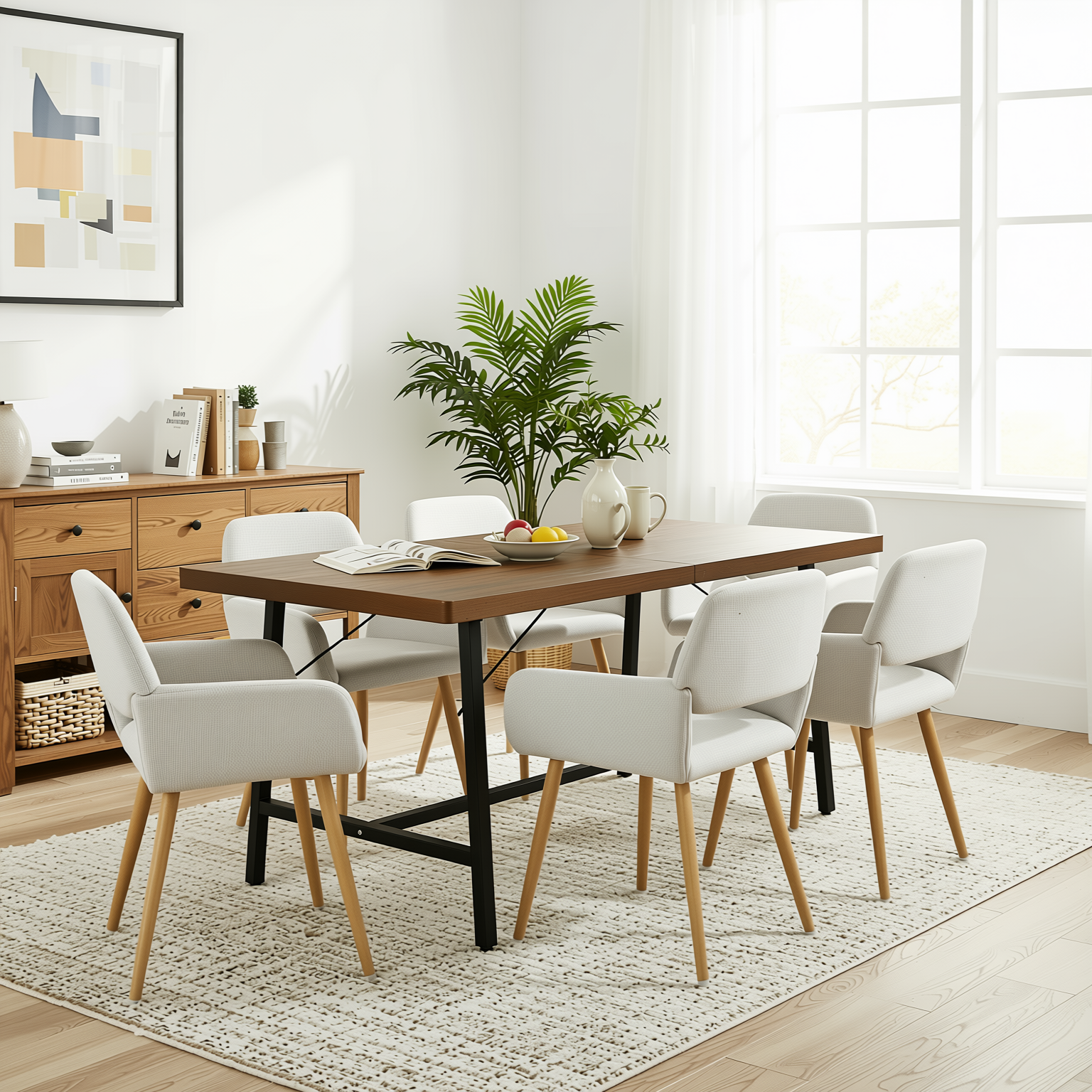 Homy Casa FORS + Mayfair 7PC Dining Set 63" Table with 6 Beige Upholstered Chairs for Kitchen & Dining Room