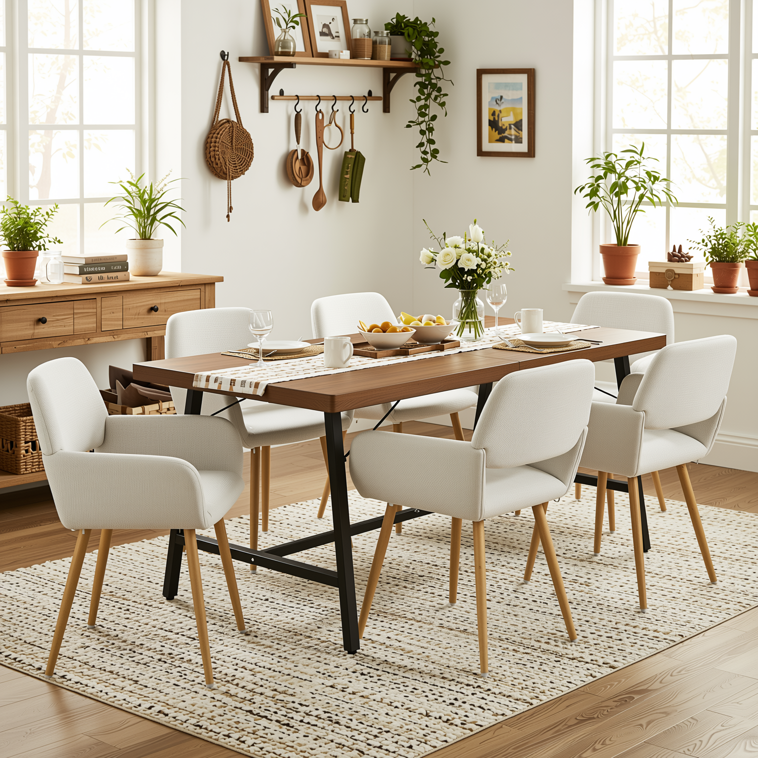 Homy Casa FORS + Mayfair 7PC Dining Set 63" Table with 6 Beige Upholstered Chairs for Kitchen & Dining Room