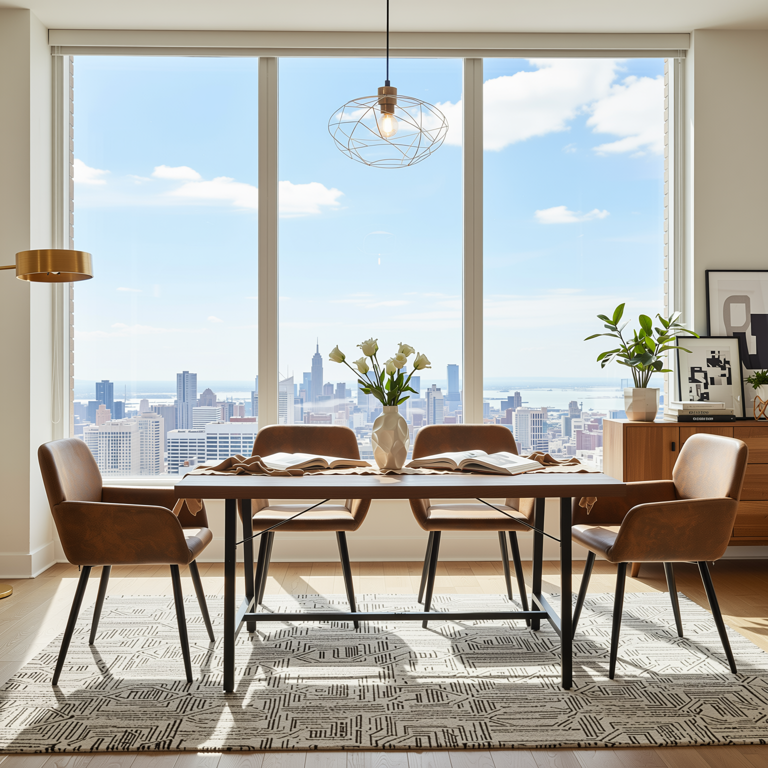 Homy Casa FORS + Mayfair 5PC Dining Set 63” Brown Suede Table with 4 Mayfair Upholstered Chairs in Black Legs