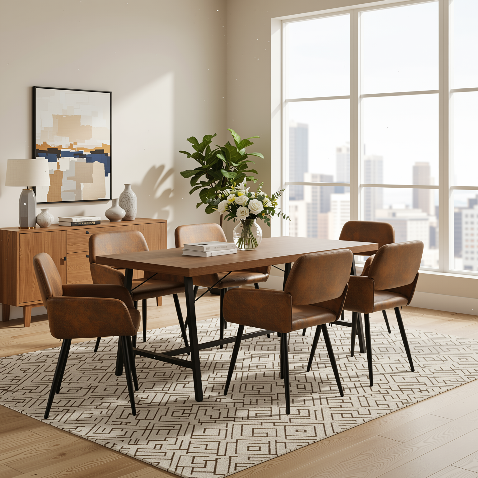 Homy Casa FORS + Mayfair 7PC Dining Set 63" Brown Table with 6 Suede Brown Upholstered Chairs