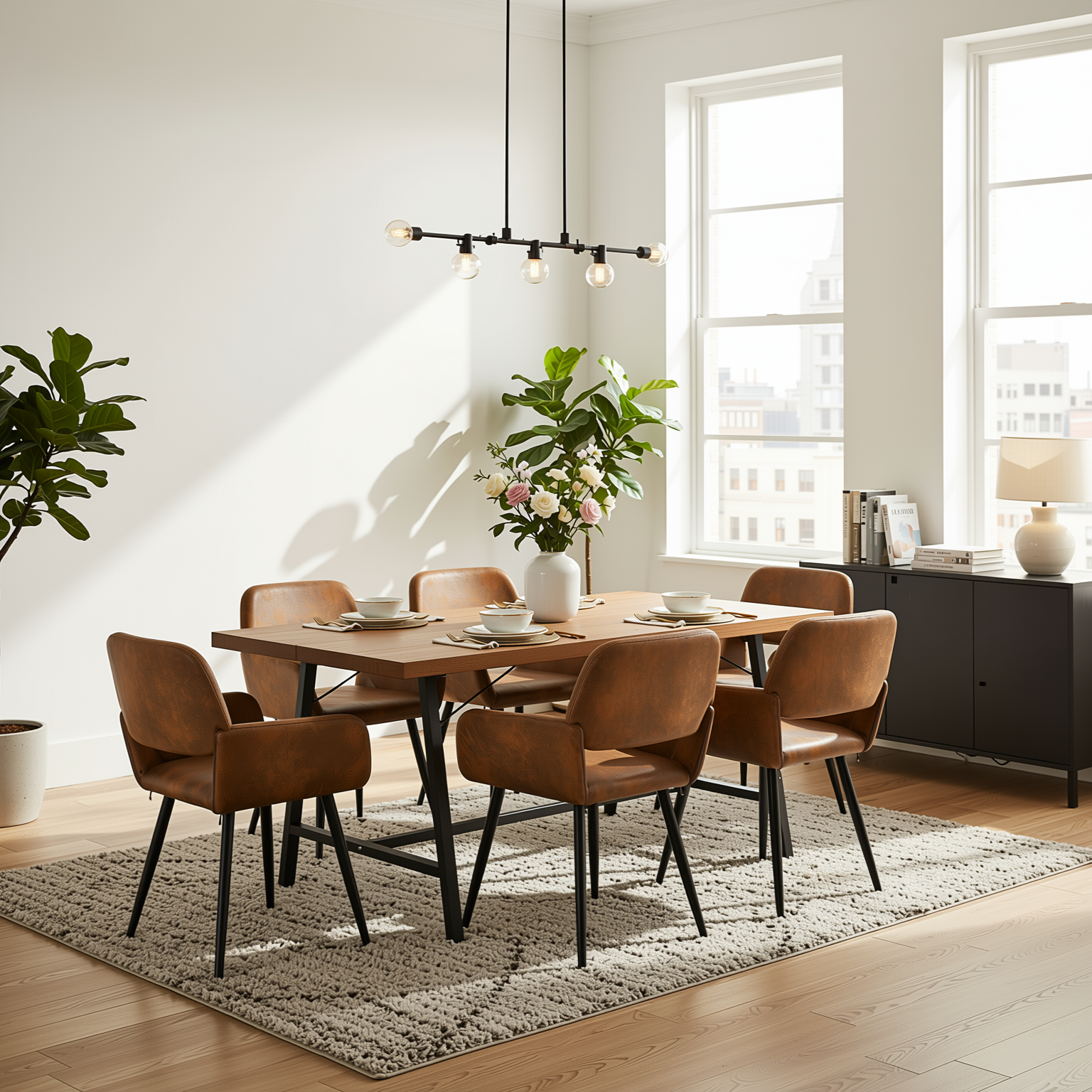 Homy Casa FORS + Mayfair 7PC Dining Set 63" Brown Table with 6 Suede Brown Upholstered Chairs
