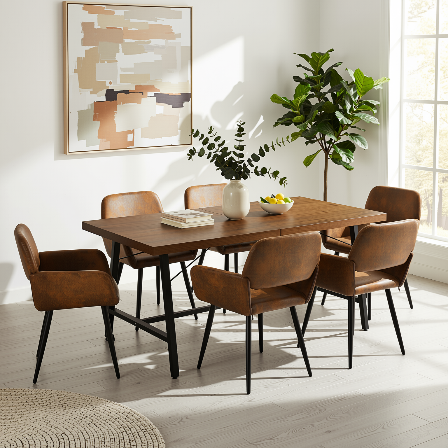 Homy Casa FORS + Mayfair 7PC Dining Set 63" Brown Table with 6 Suede Brown Upholstered Chairs