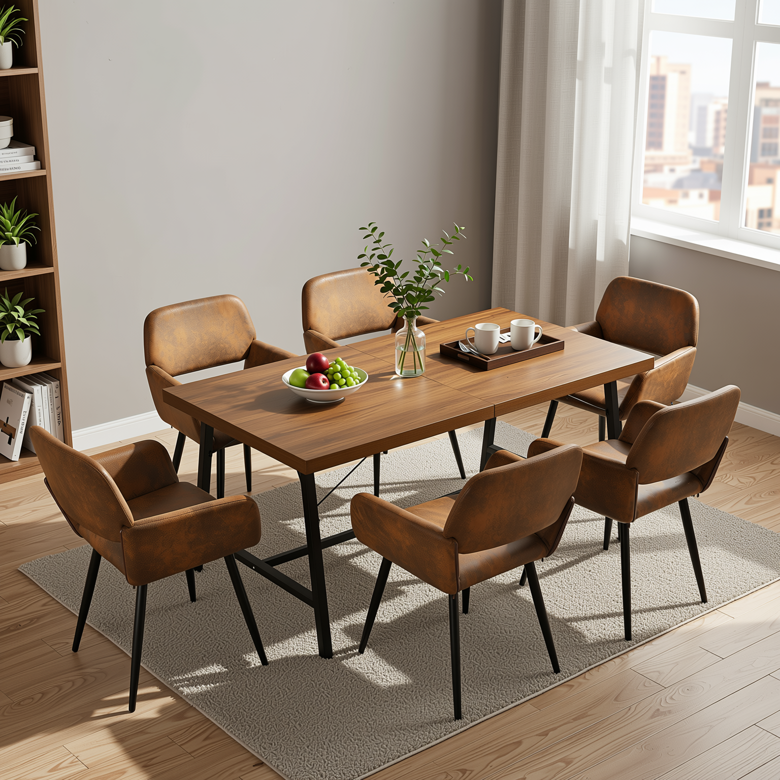 Homy Casa FORS + Mayfair 7PC Dining Set 63" Brown Table with 6 Suede Brown Upholstered Chairs