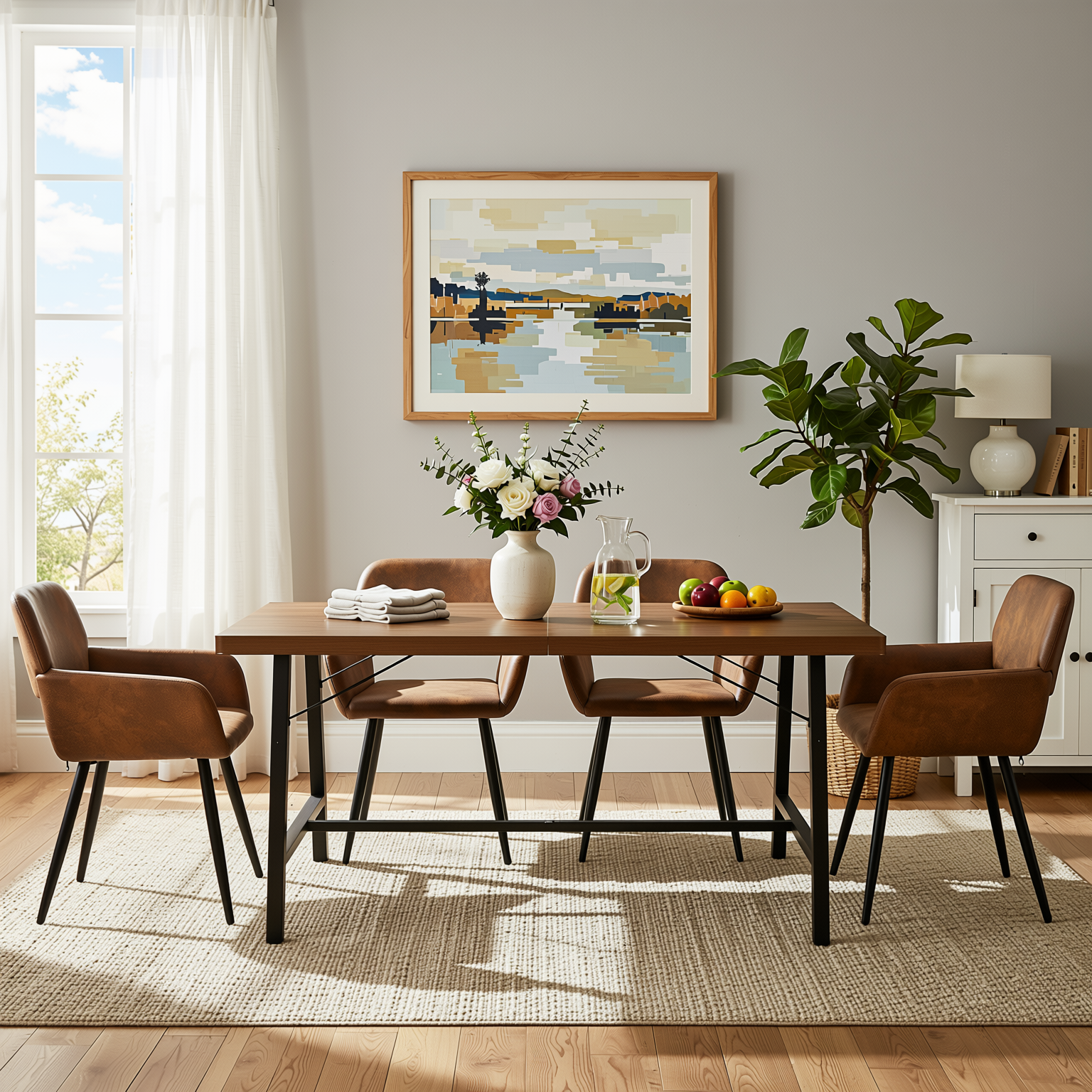 Homy Casa FORS + Mayfair 5PC Dining Set 63” Brown Suede Table with 4 Mayfair Upholstered Chairs in Black Legs