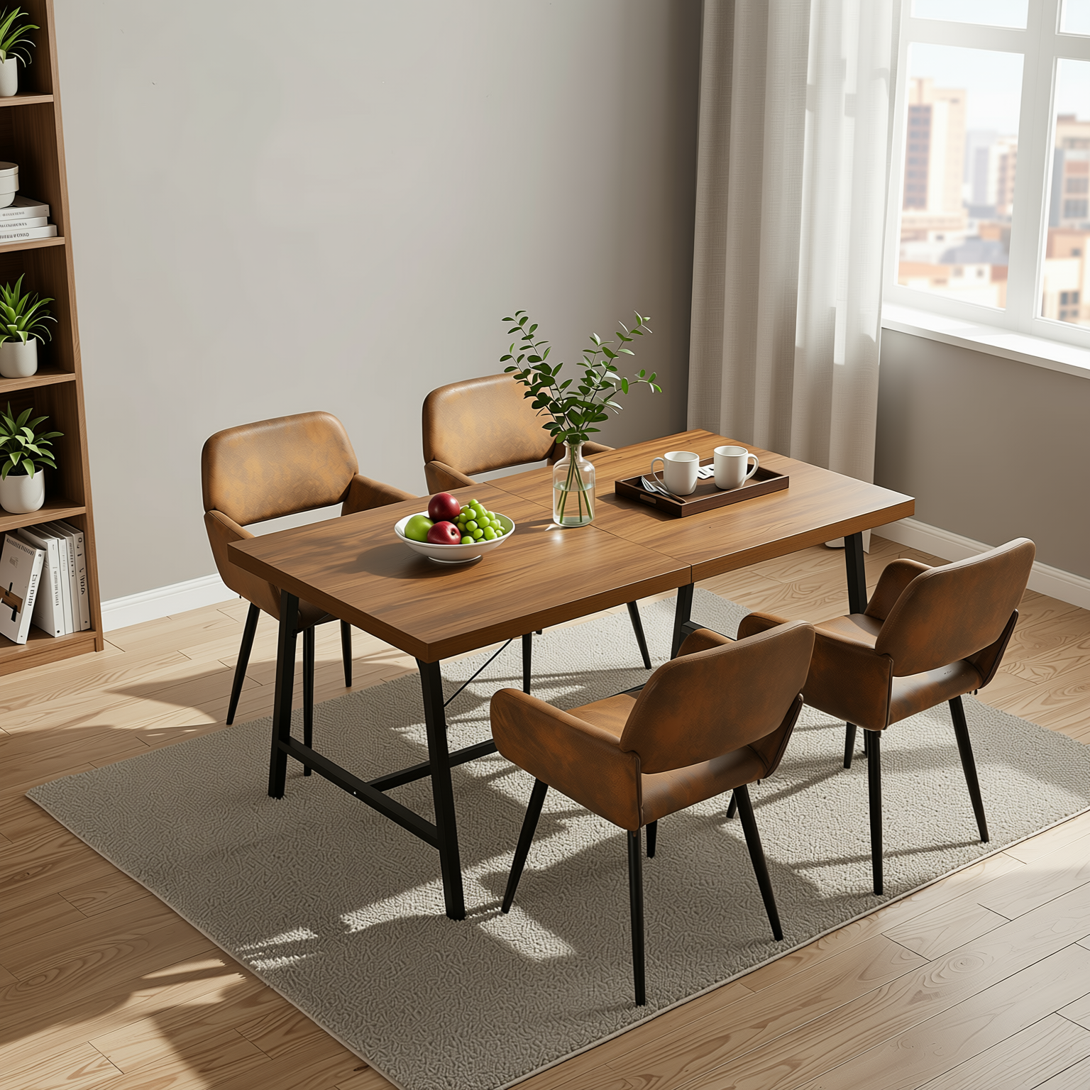 Homy Casa FORS + Mayfair 5PC Dining Set 63” Brown Suede Table with 4 Mayfair Upholstered Chairs in Black Legs