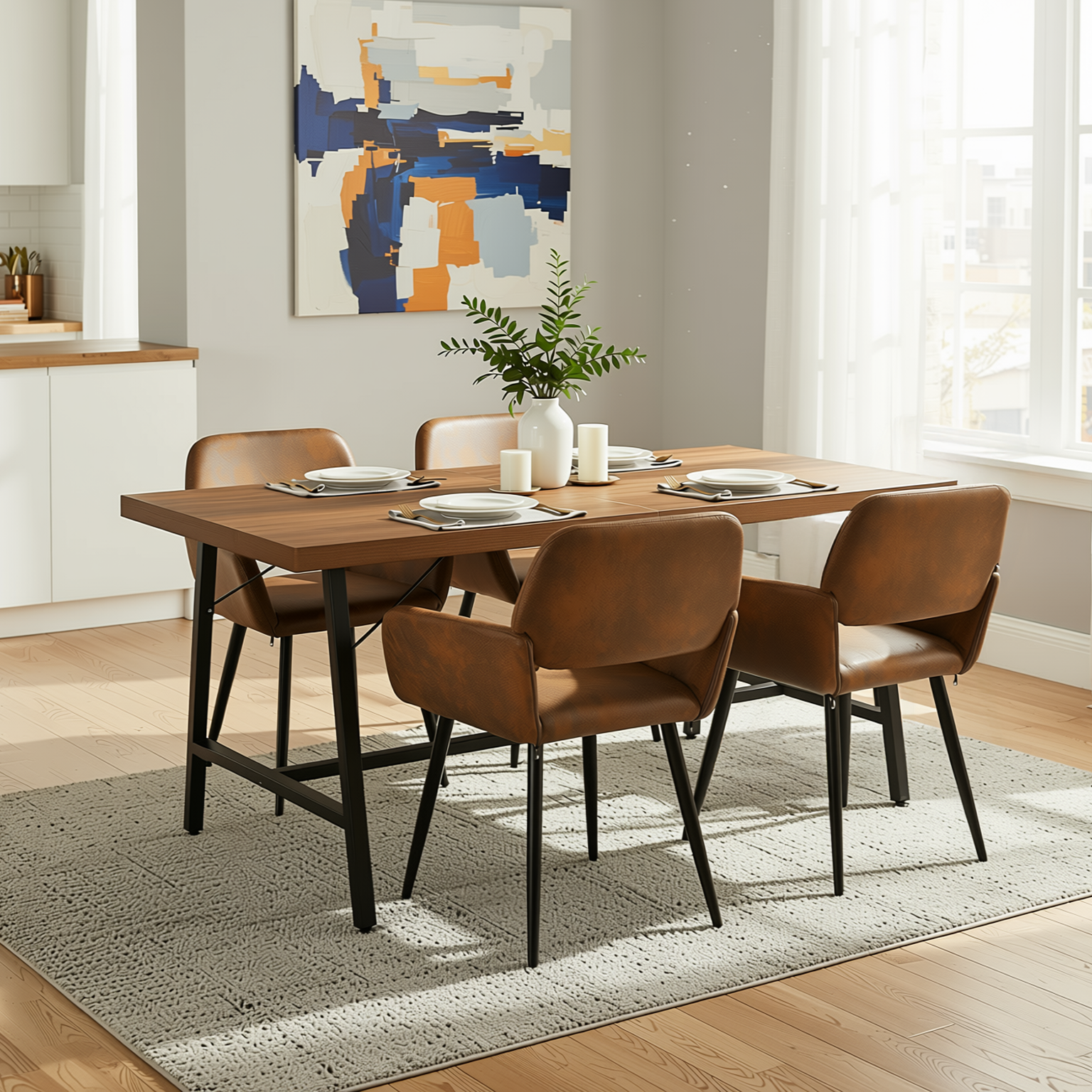 Homy Casa FORS + Mayfair 5PC Dining Set 63” Brown Suede Table with 4 Mayfair Upholstered Chairs in Black Legs