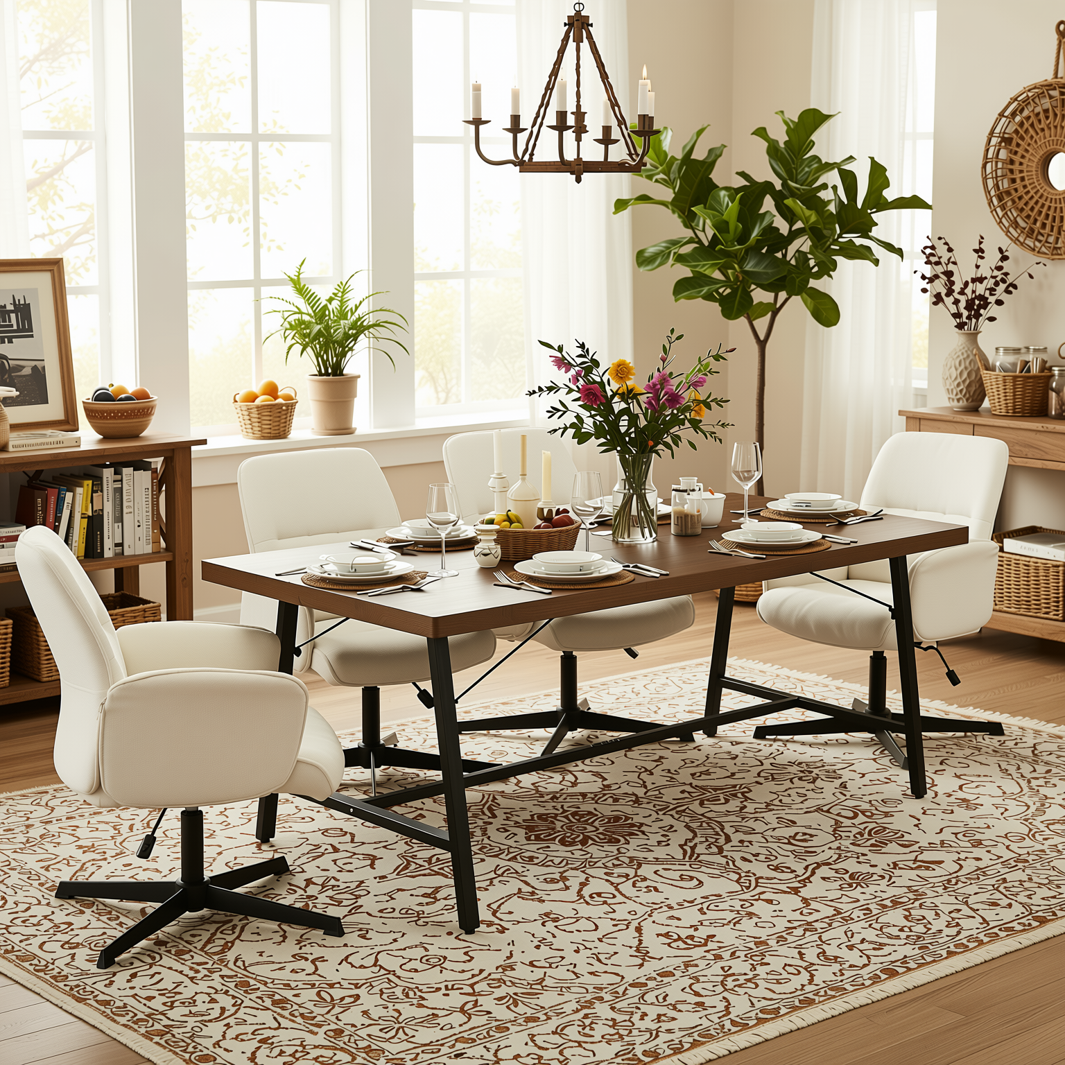 Homy Casa FORS 5PC Dining Set 63” Vintage Brown Dining Table with 4 Thomasina Beige Swivel Fabric Dining Chairs