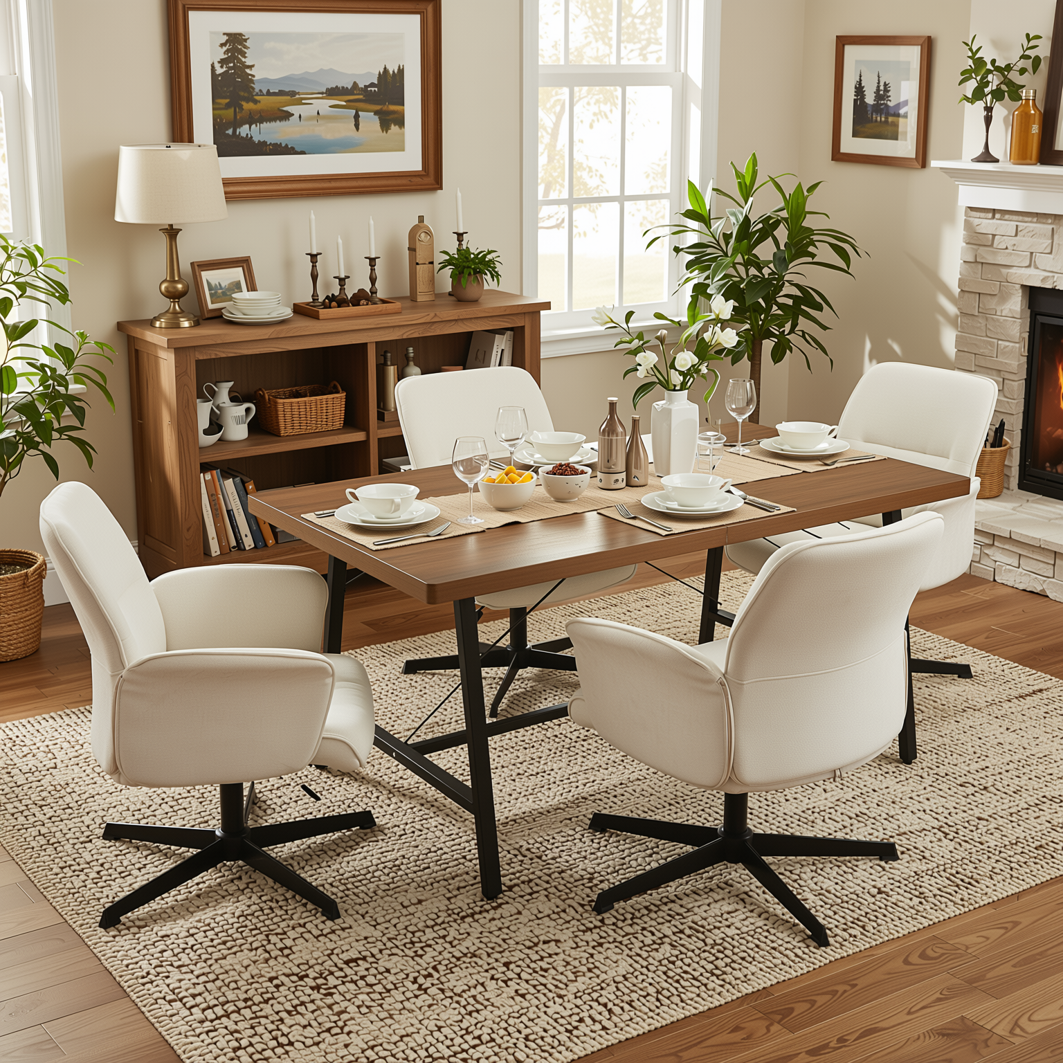 Homy Casa FORS 5PC Dining Set 63” Vintage Brown Dining Table with 4 Thomasina Beige Swivel Fabric Dining Chairs