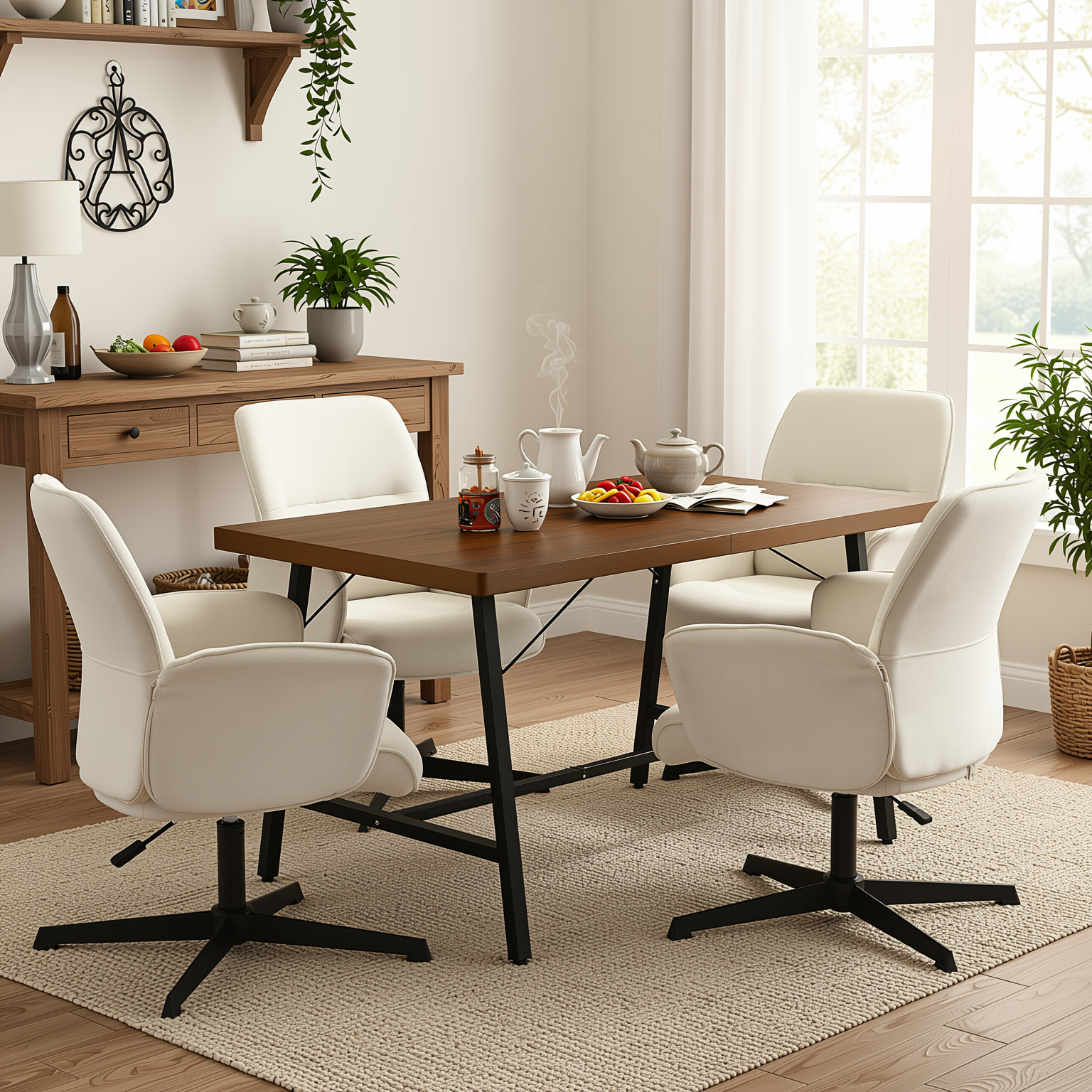 Homy Casa FORS 5PC Dining Set 63” Vintage Brown Dining Table with 4 Thomasina Beige Swivel Fabric Dining Chairs