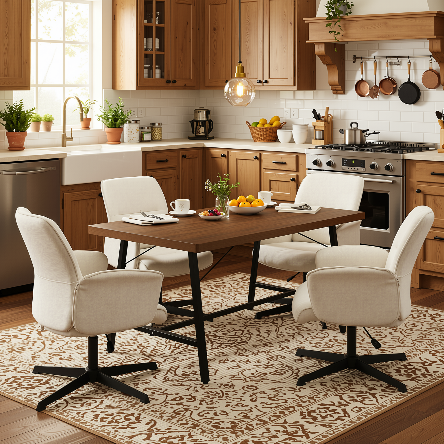 Homy Casa FORS 5PC Dining Set 63” Vintage Brown Dining Table with 4 Thomasina Beige Swivel Fabric Dining Chairs