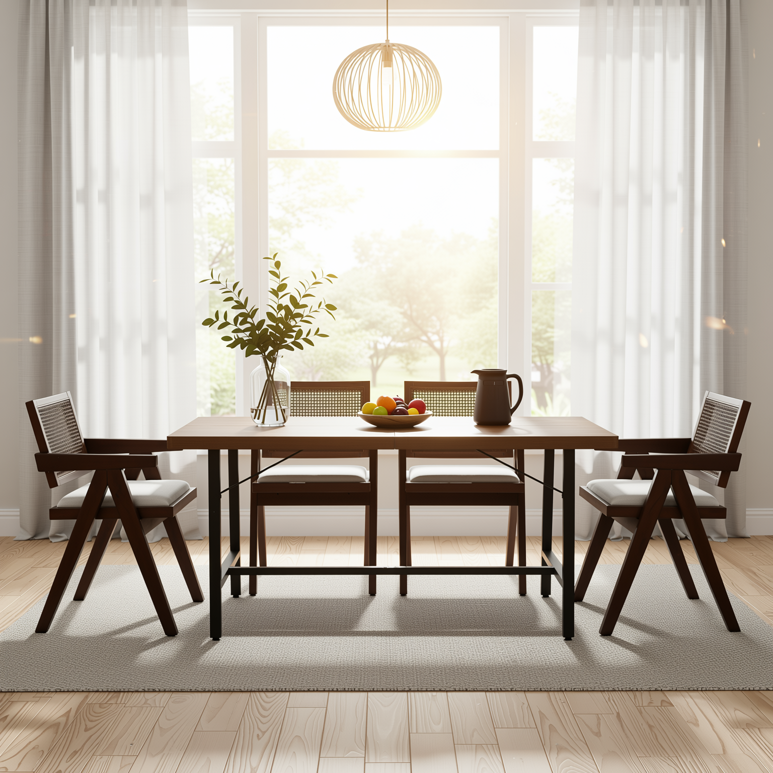 Homy Casa FORS + XUZIDS 5PC Dining Set 63” Table with 4 Beige Biscuit Upholstered Chairs & Walnut Legs