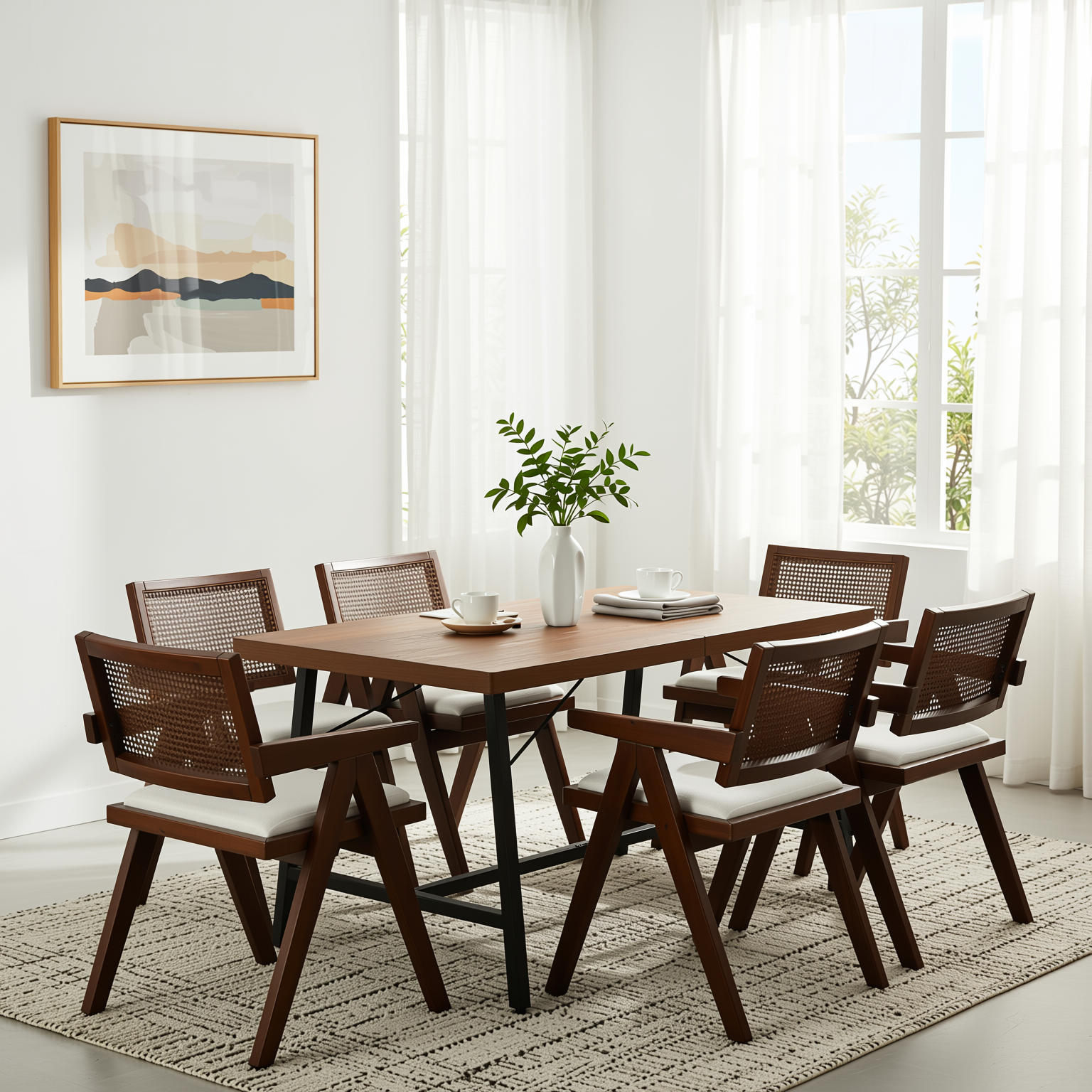 Homy Casa FORS + XUZIDS 7PC Dining Set 63" Table with 6 Beige Biscuit Upholstered Chairs and Walnut Legs