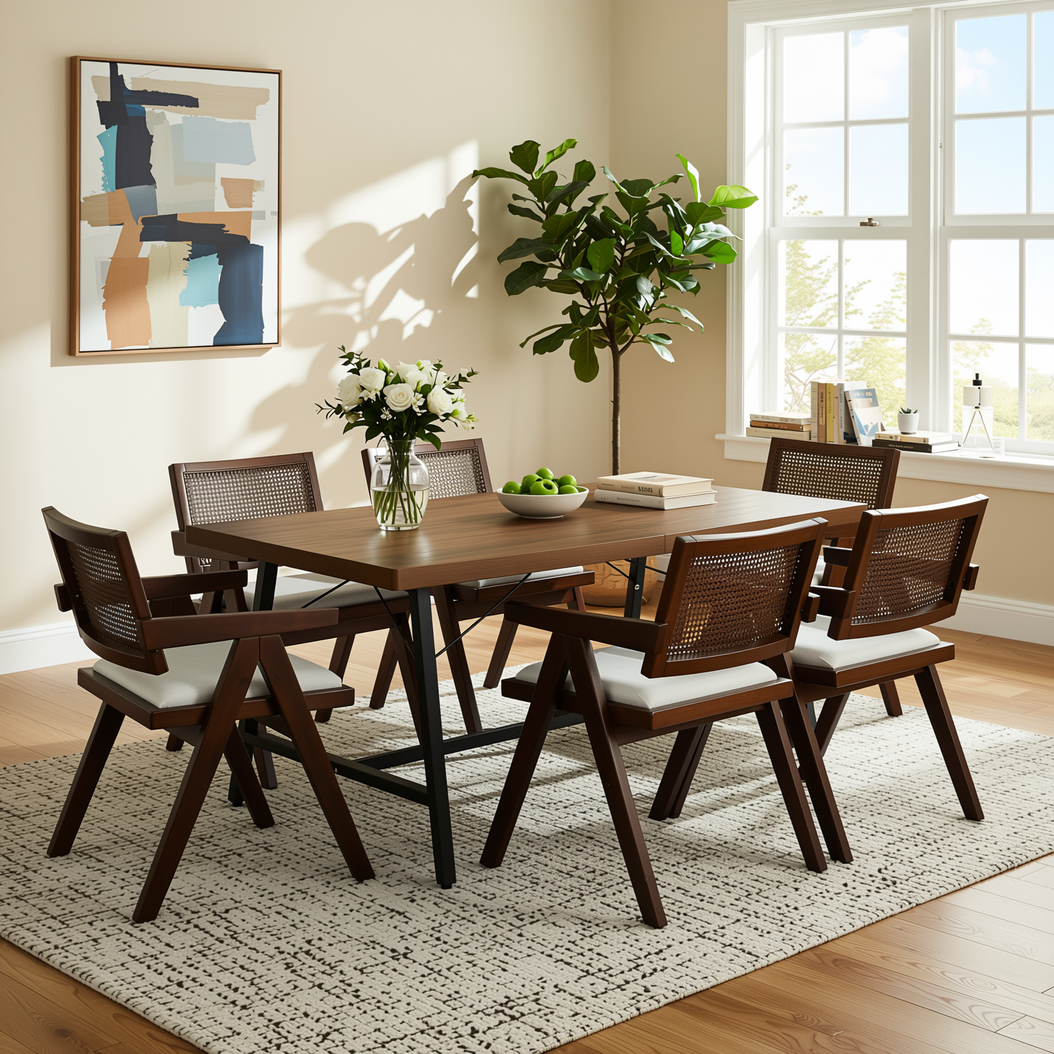 Homy Casa FORS + XUZIDS 7PC Dining Set 63" Table with 6 Beige Biscuit Upholstered Chairs and Walnut Legs