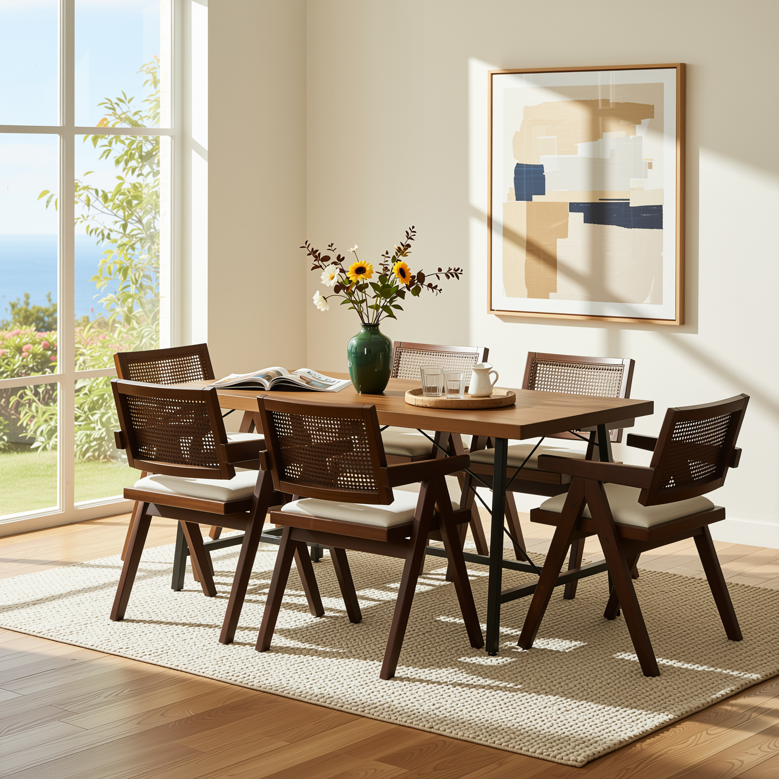 Homy Casa FORS + XUZIDS 7PC Dining Set 63" Table with 6 Beige Biscuit Upholstered Chairs and Walnut Legs