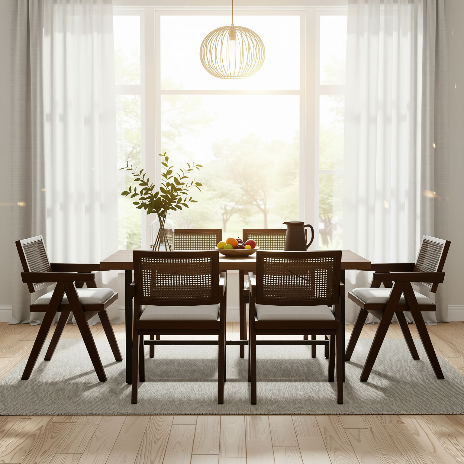 Homy Casa FORS + XUZIDS 7PC Dining Set 63" Table with 6 Beige Biscuit Upholstered Chairs and Walnut Legs