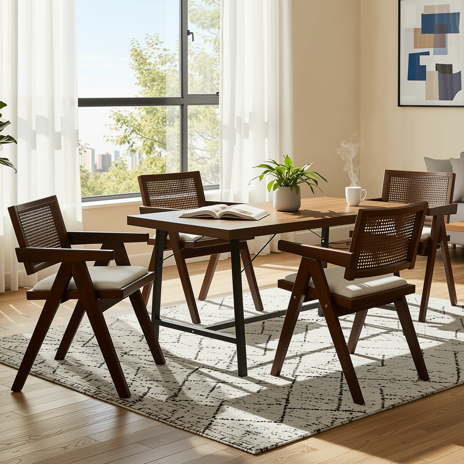 Homy Casa FORS + XUZIDS 5PC Dining Set 63” Table with 4 Beige Biscuit Upholstered Chairs & Walnut Legs