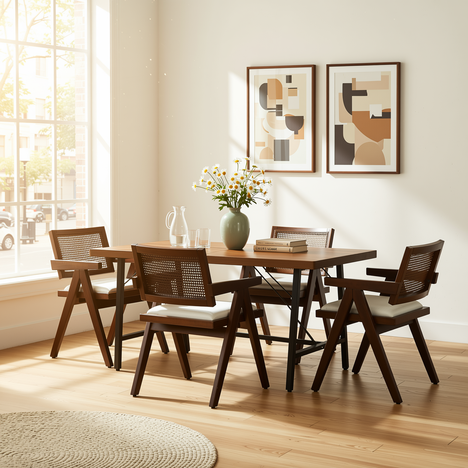 Homy Casa FORS + XUZIDS 5PC Dining Set 63” Table with 4 Beige Biscuit Upholstered Chairs & Walnut Legs