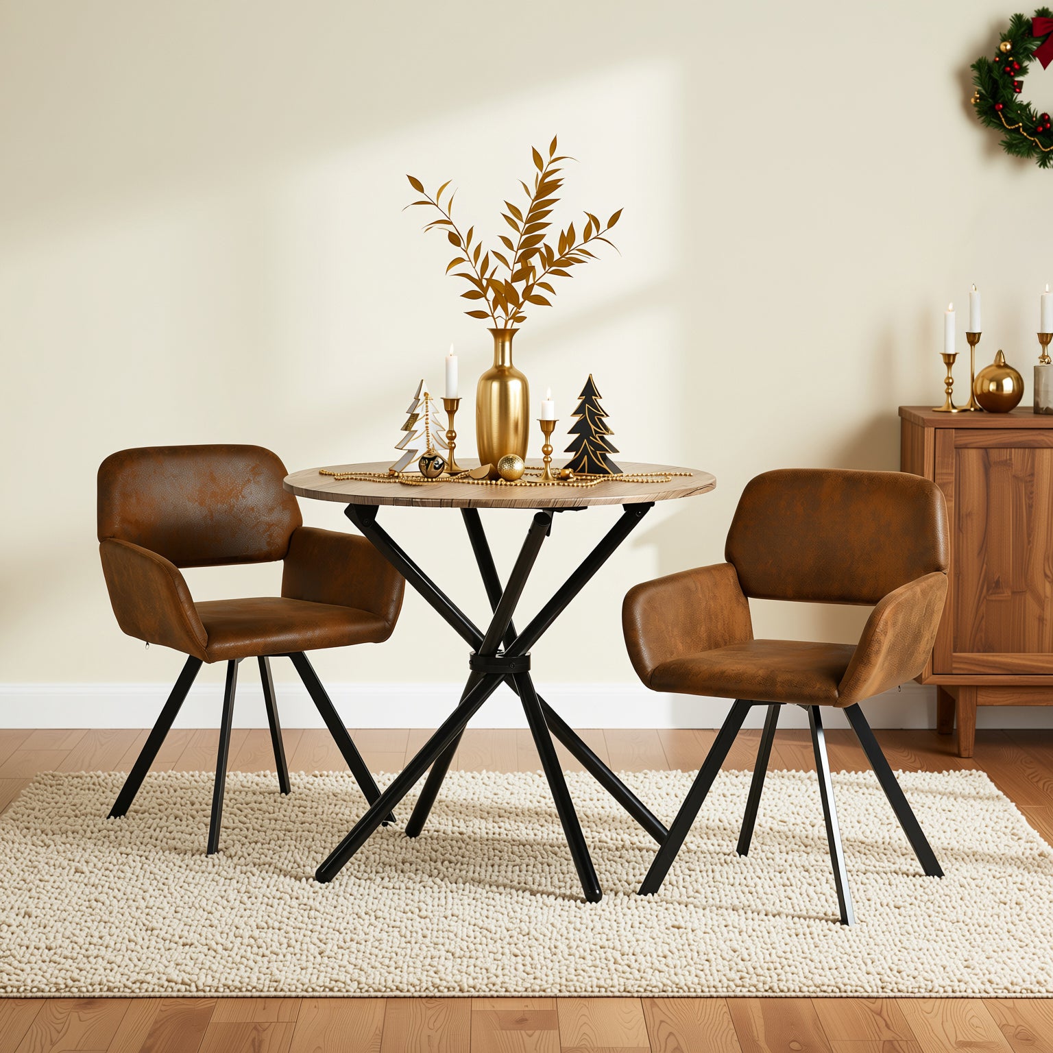 Homy Casa Fontana 3 Piece Dining Table Set with 2 California Swivel Upholstered Chairs, Brown